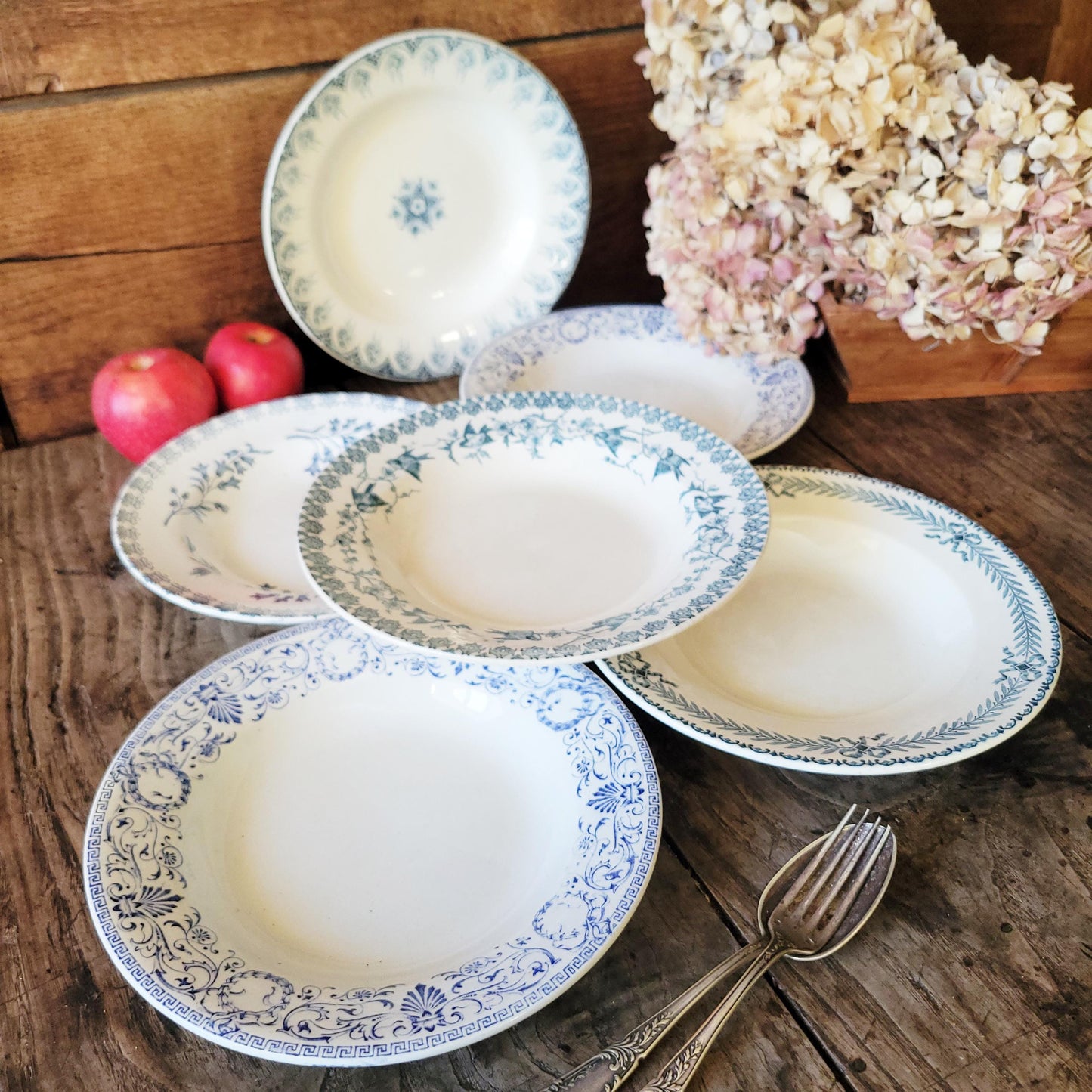 Mismatched Antique French Ironstone Soup Plates – Blue Transferware, Birds & Florals, Set of 6