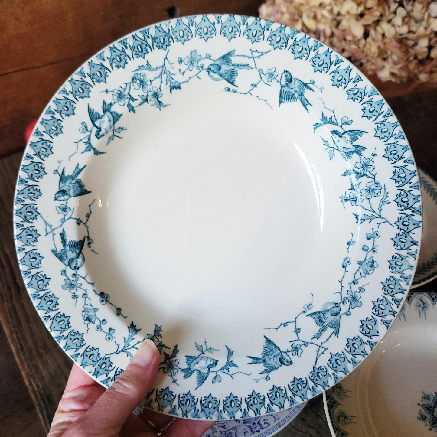 Mismatched Antique French Ironstone Soup Plates – Blue Transferware, Birds & Florals, Set of 6