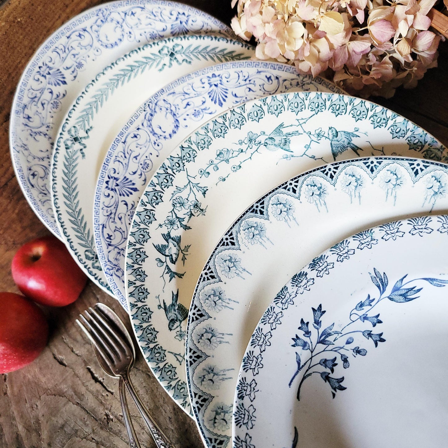Mismatched Antique French Ironstone Soup Plates – Blue Transferware, Birds & Florals, Set of 6