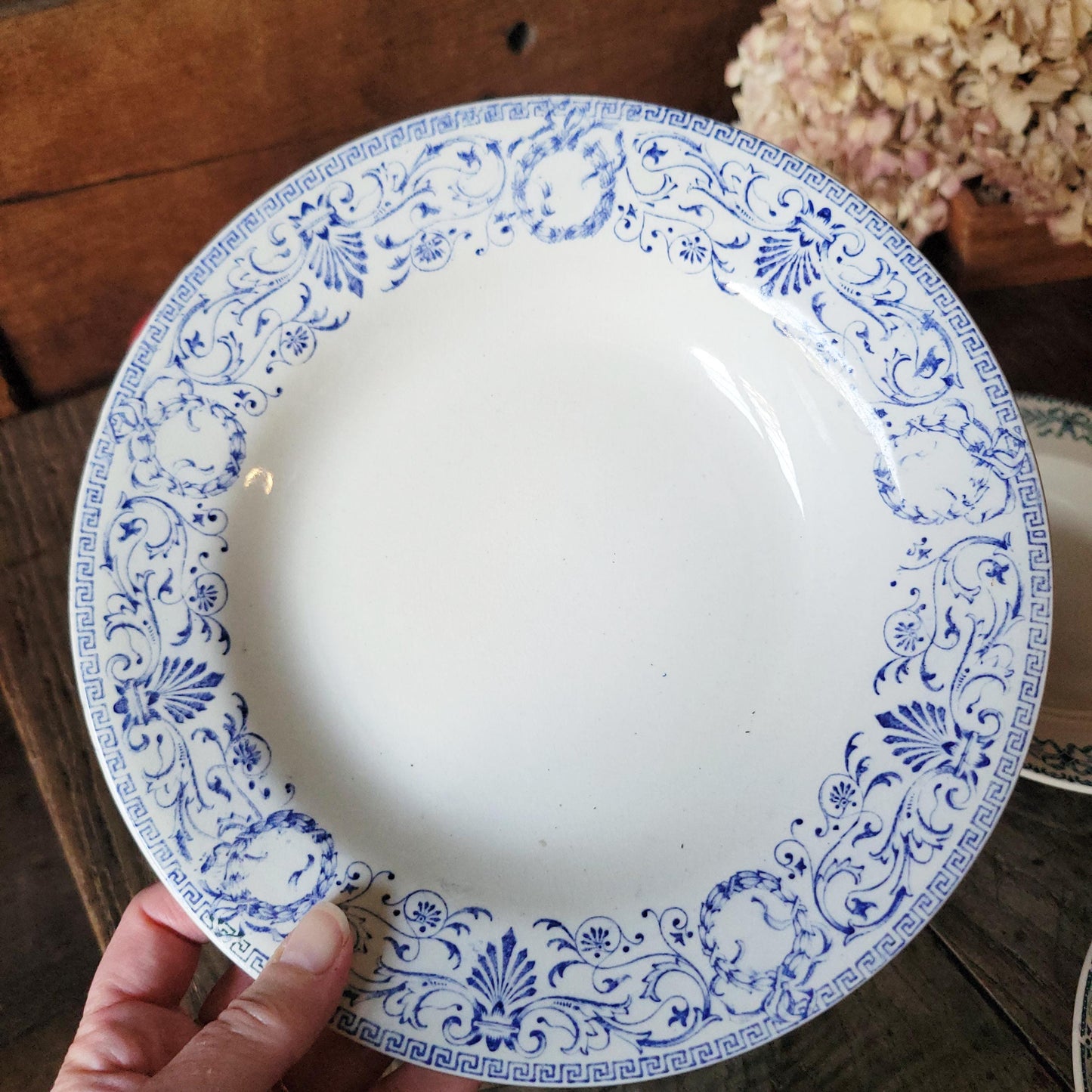 Mismatched Antique French Ironstone Soup Plates – Blue Transferware, Birds & Florals, Set of 6