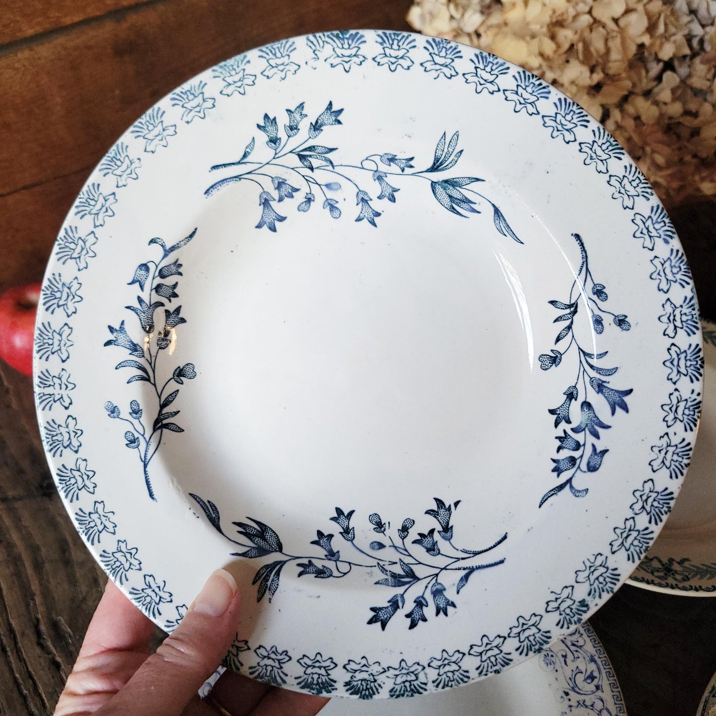 Mismatched Antique French Ironstone Soup Plates – Blue Transferware, Birds & Florals, Set of 6