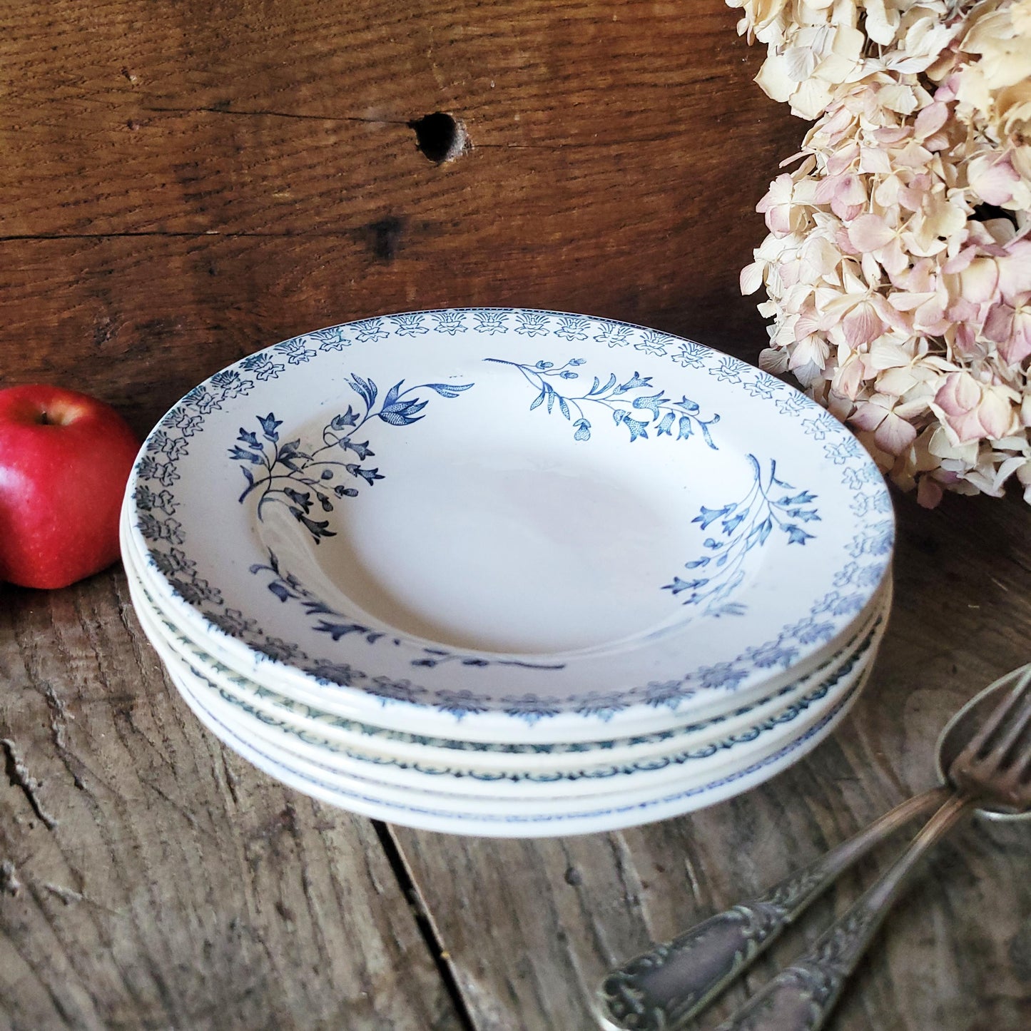 Mismatched Antique French Ironstone Soup Plates – Blue Transferware, Birds & Florals, Set of 6