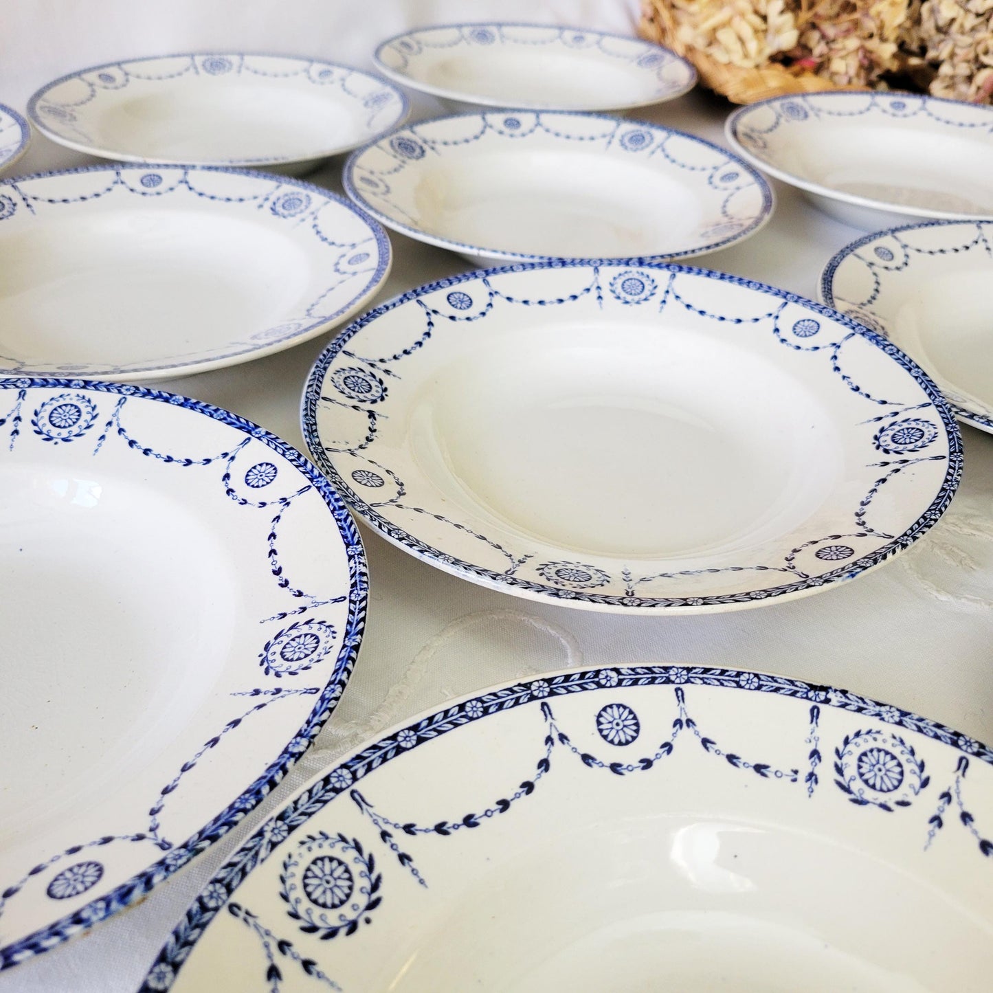 Antique French Ironstone 12-place Dinner Service, Blue Transferware Luneville 'Bonaparte', 30pc