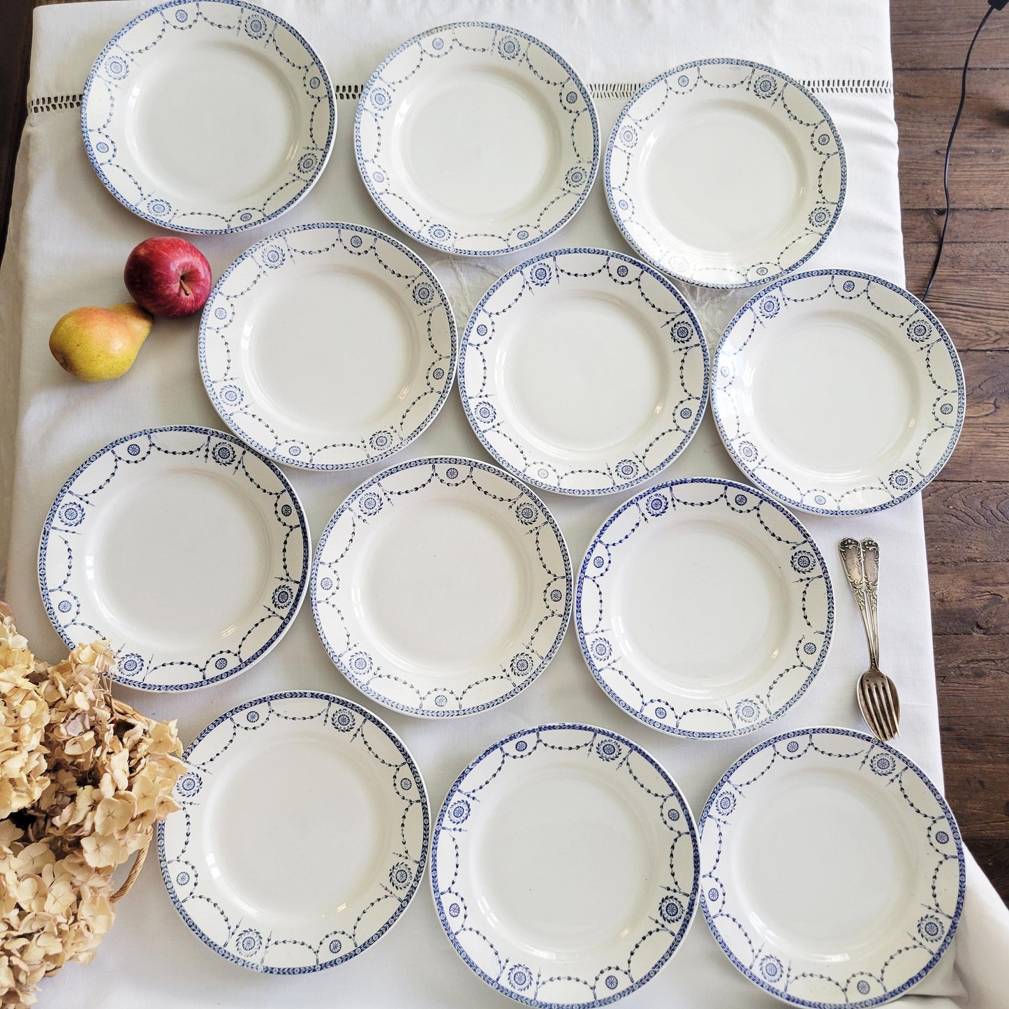 Antique French Ironstone 12-place Dinner Service, Blue Transferware Luneville 'Bonaparte', 30pc