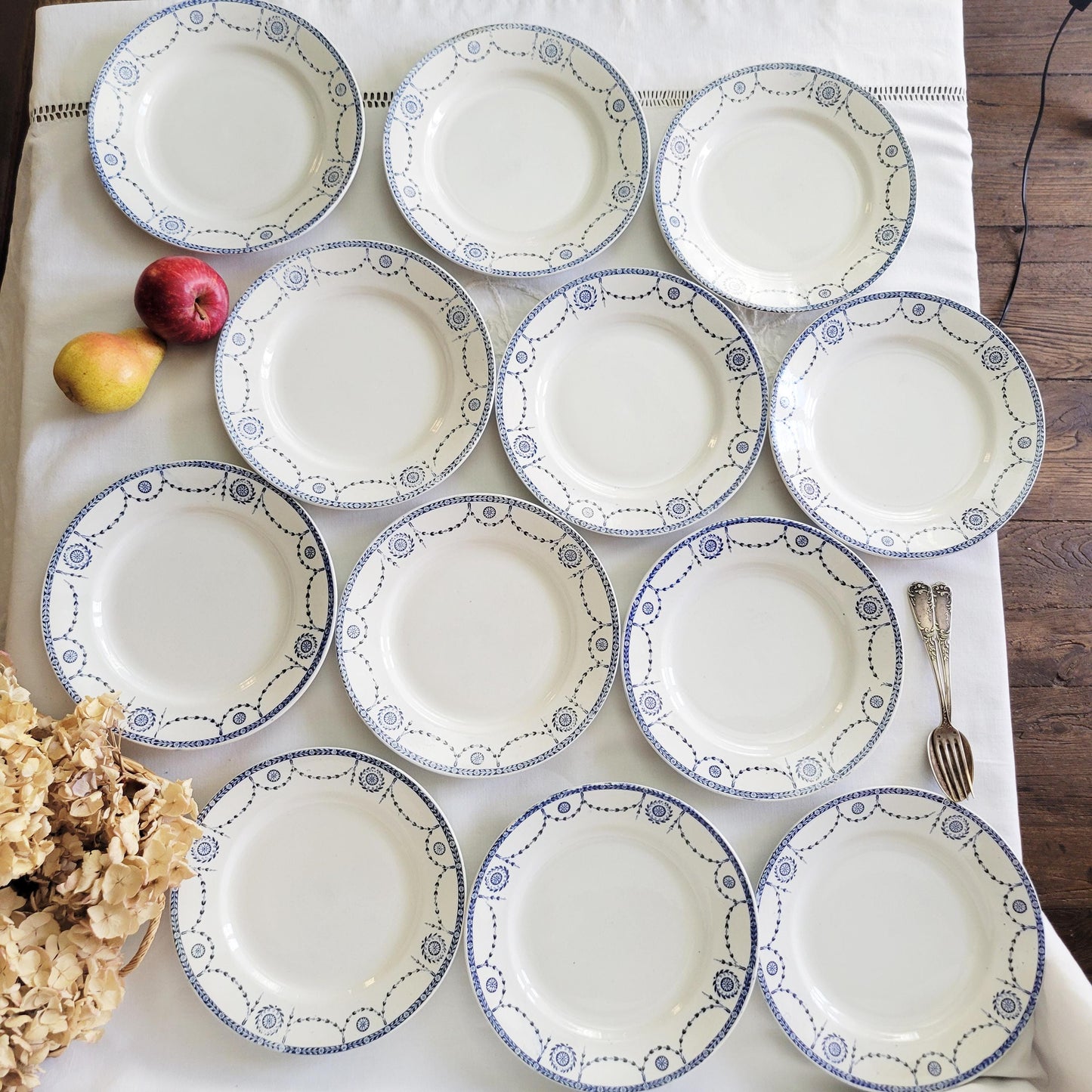 Antique French Ironstone 12-place Dinner Service, Blue Transferware Luneville 'Bonaparte', 30pc
