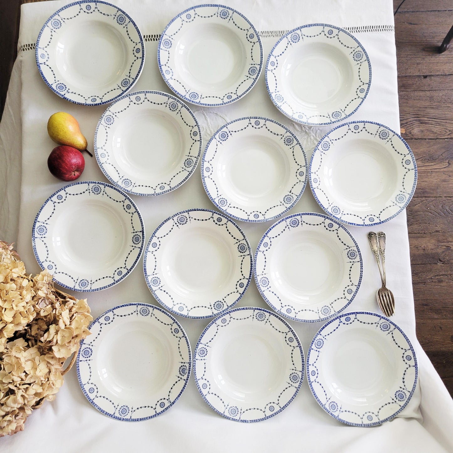 Antique French Ironstone 12-place Dinner Service, Blue Transferware Luneville 'Bonaparte', 30pc