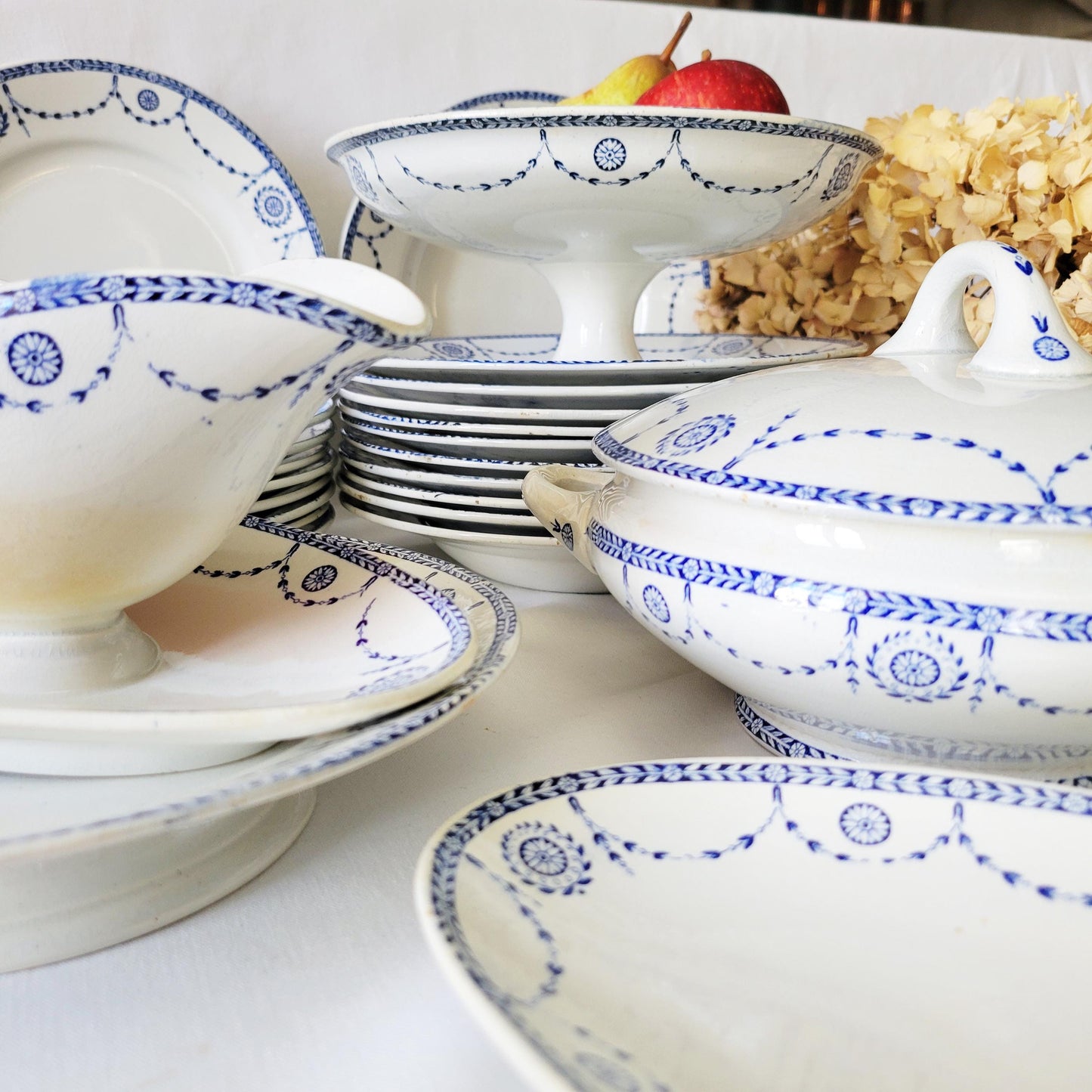 Antique French Ironstone 12-place Dinner Service, Blue Transferware Luneville 'Bonaparte', 30pc