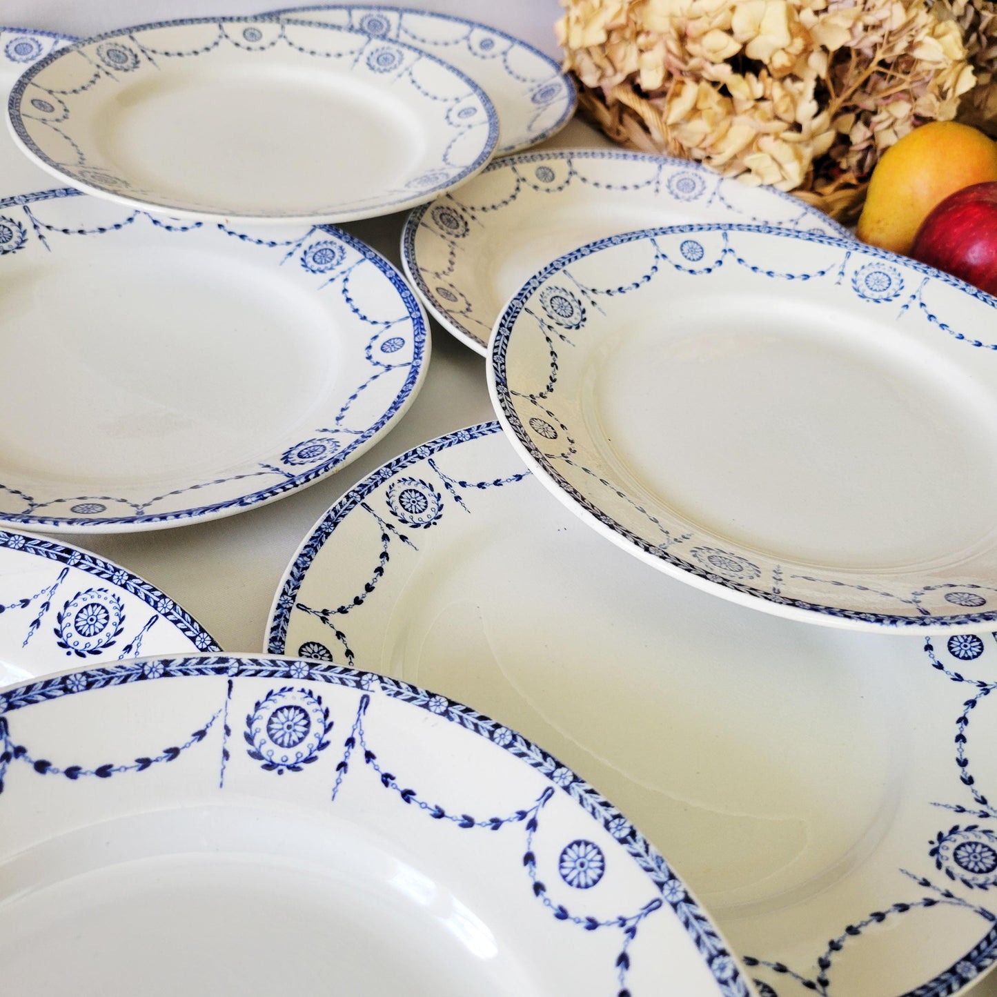 Antique French Ironstone 12-place Dinner Service, Blue Transferware Luneville 'Bonaparte', 30pc