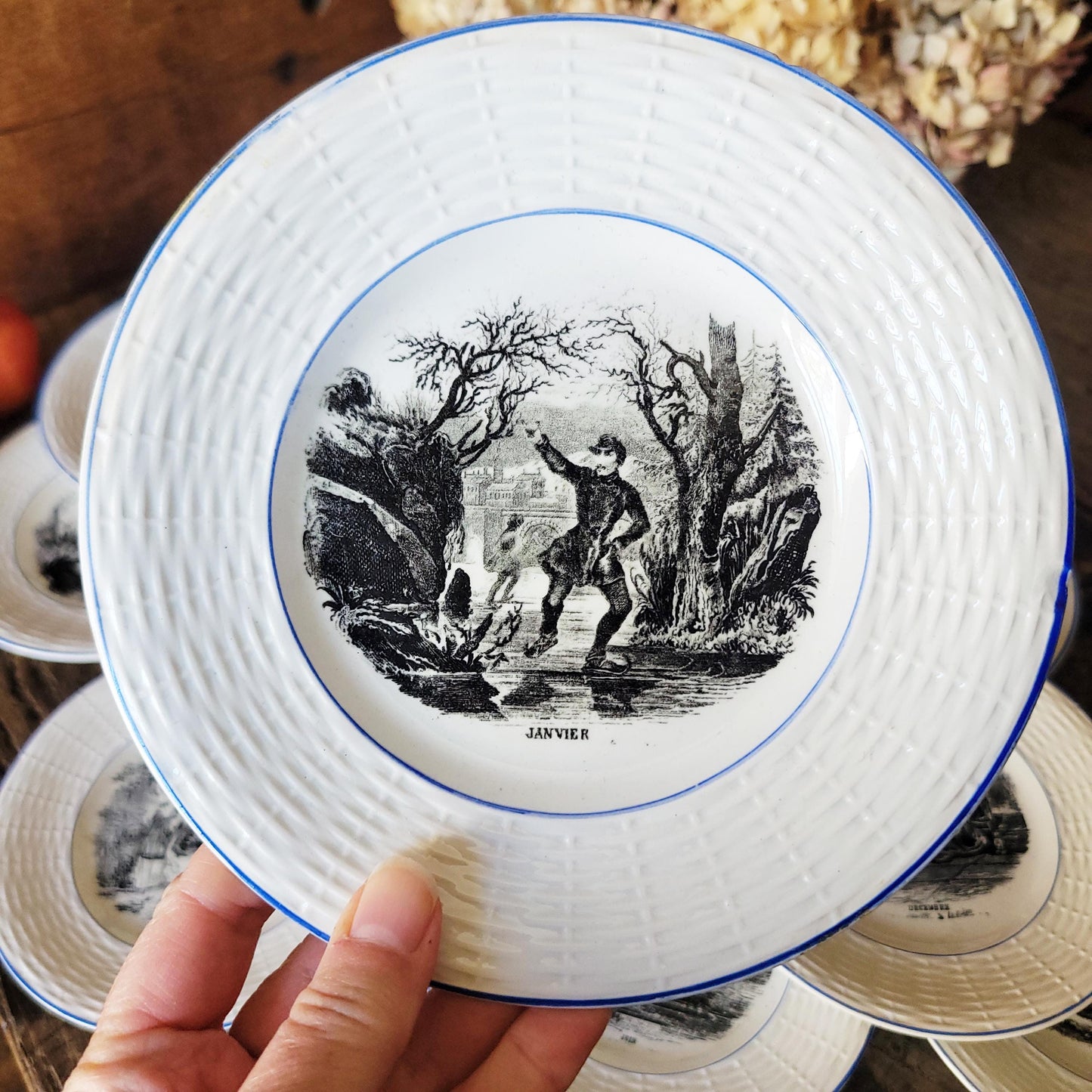 SET 12 Antique French Sarreguemines TalkingPlates, Months of the Year