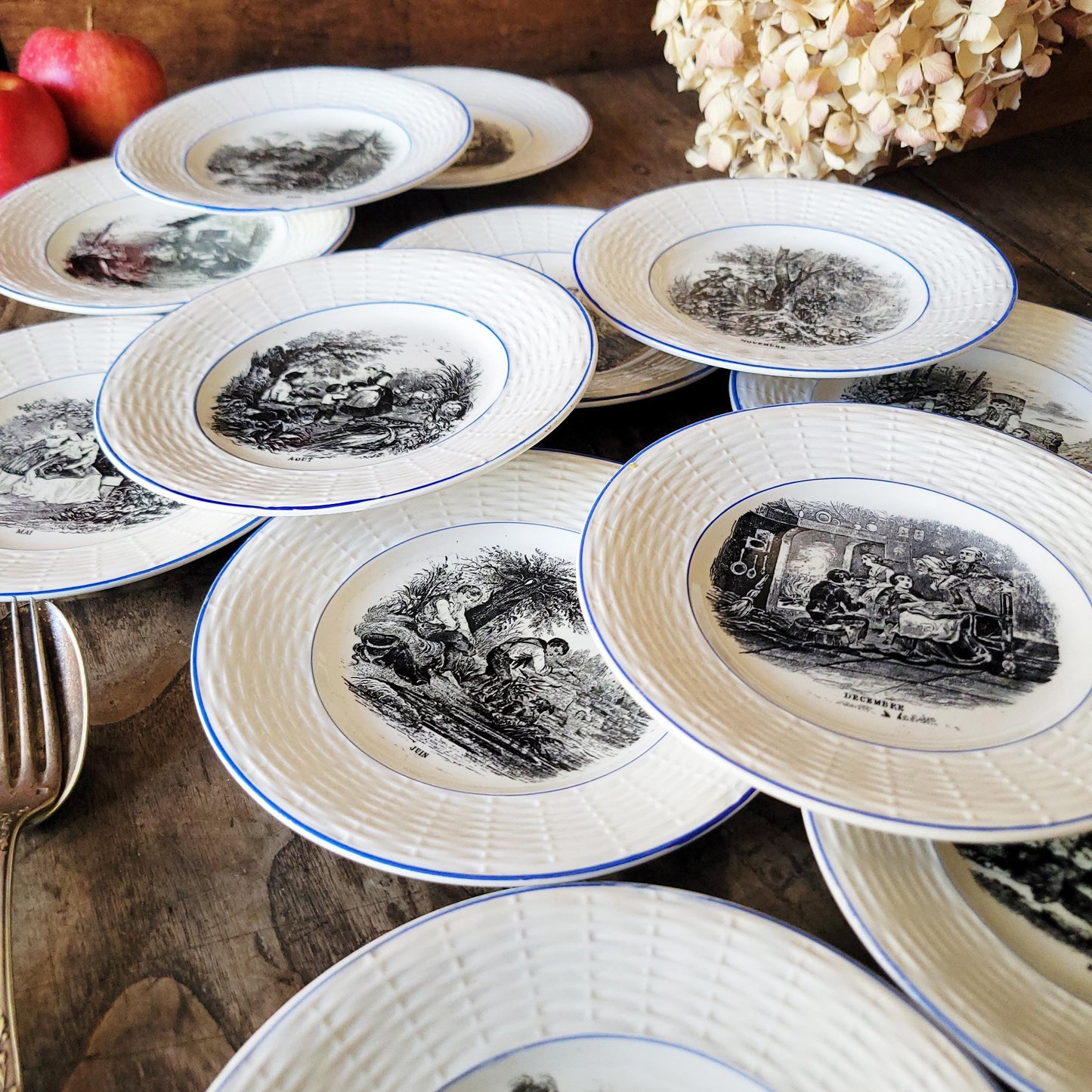 SET 12 Antique French Sarreguemines TalkingPlates, Months of the Year