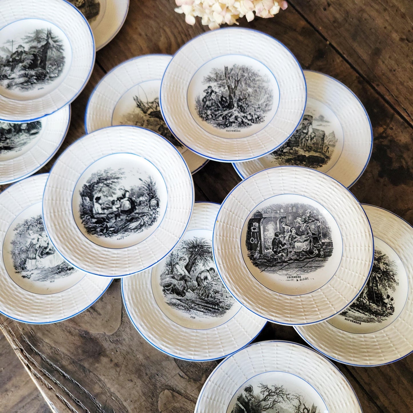 SET 12 Antique French Sarreguemines TalkingPlates, Months of the Year