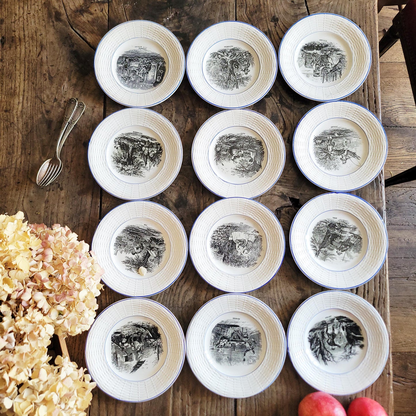SET 12 Antique French Sarreguemines TalkingPlates, Months of the Year