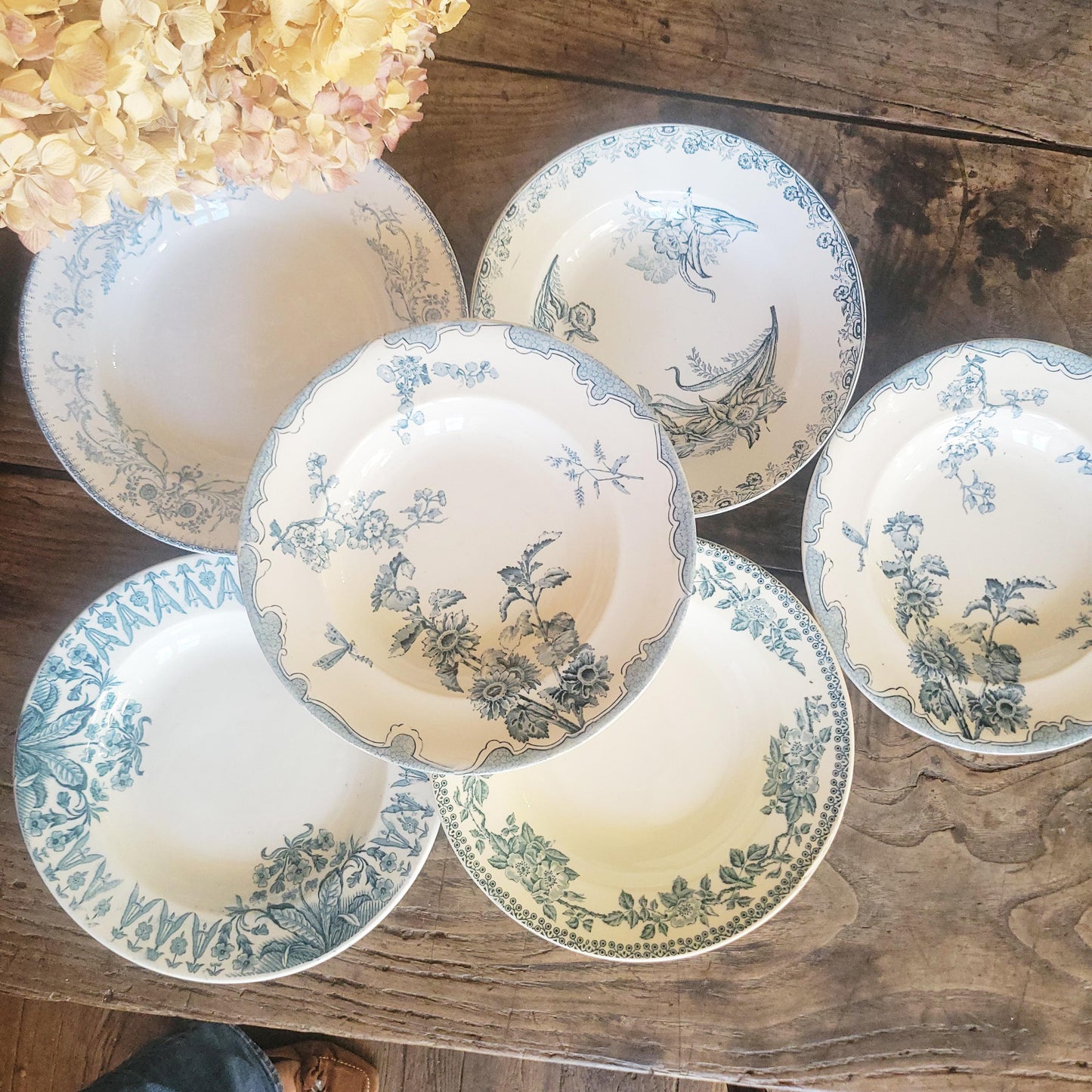 6 Antique Mismatched French Ironstone Soup Plates, Blue Floral Transferware, Set of 6