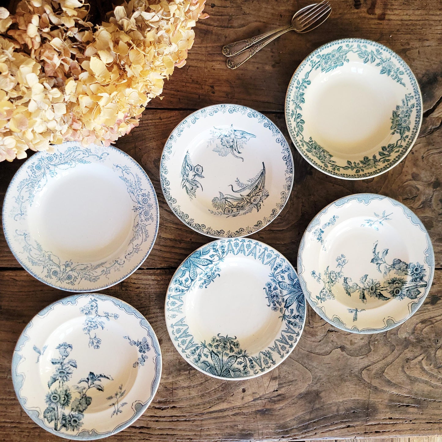 6 Antique Mismatched French Ironstone Soup Plates, Blue Floral Transferware, Set of 6