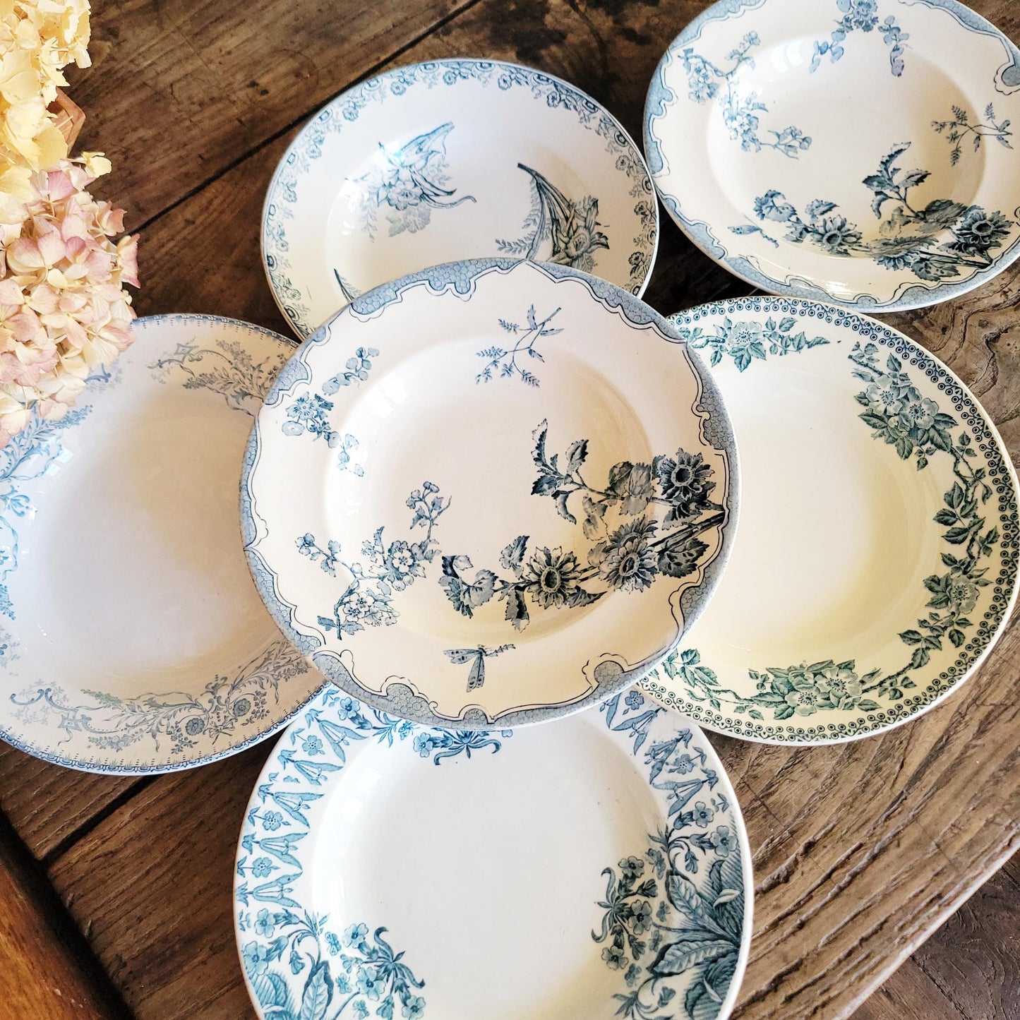 6 Antique Mismatched French Ironstone Soup Plates, Blue Floral Transferware, Set of 6