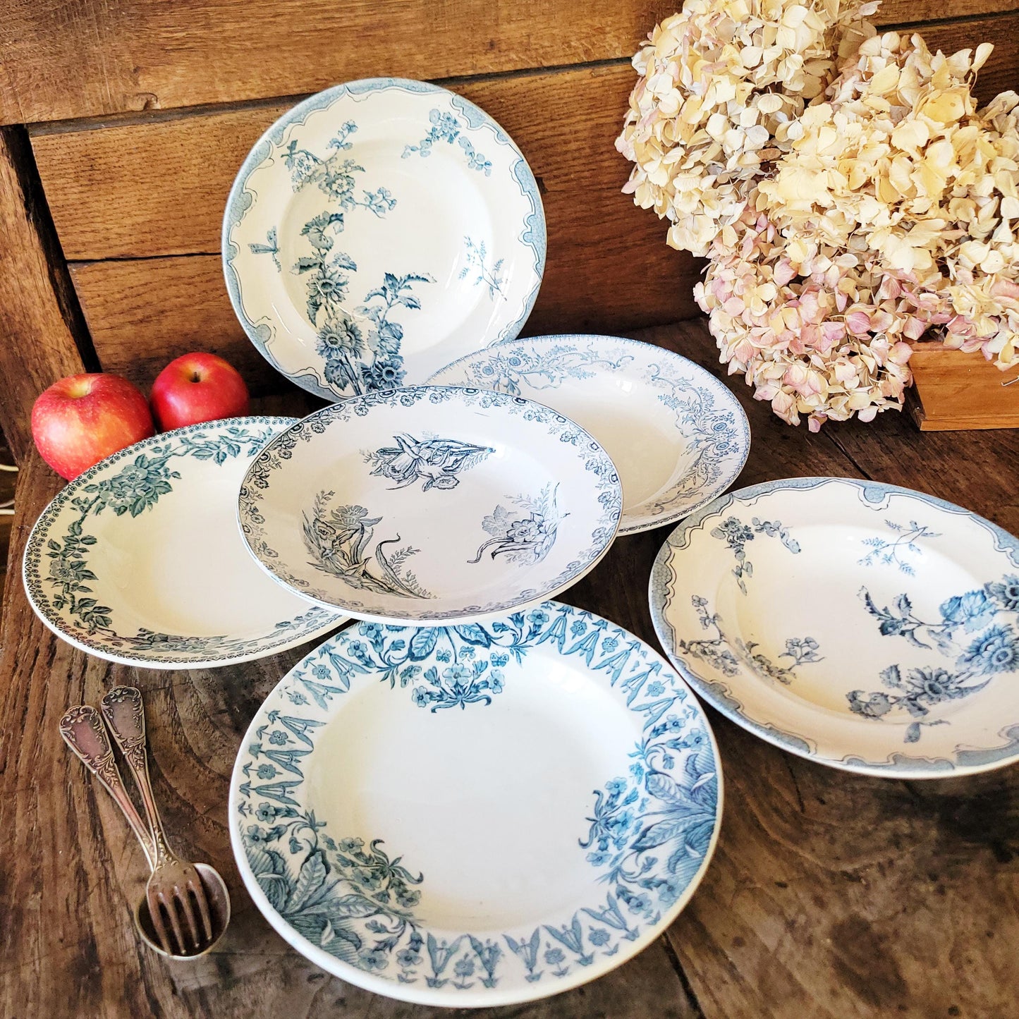6 Antique Mismatched French Ironstone Soup Plates, Blue Floral Transferware, Set of 6