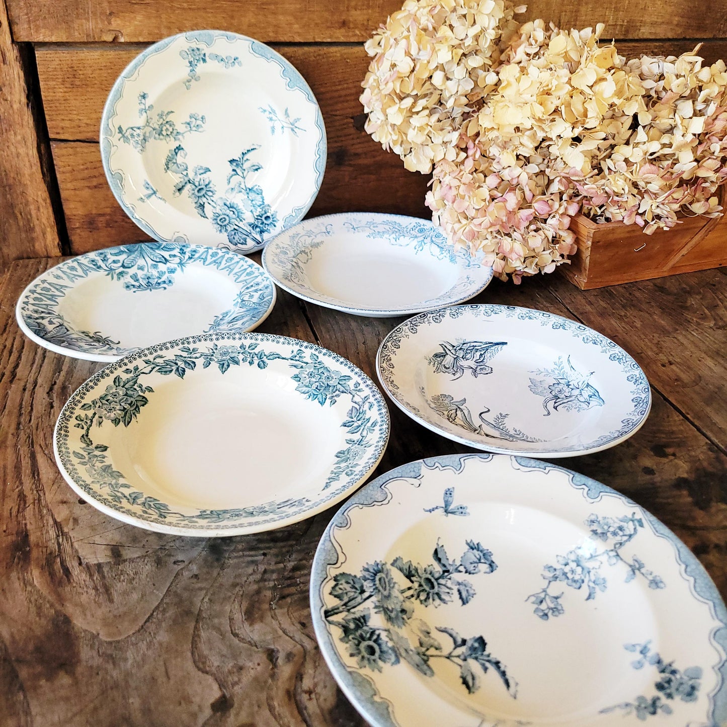 6 Antique Mismatched French Ironstone Soup Plates, Blue Floral Transferware, Set of 6