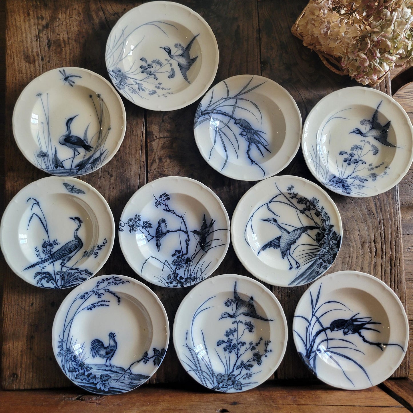 French antique 10 place ironstone dinner service, bird & floral transferware 'Japonais' c1880 Longwy, France