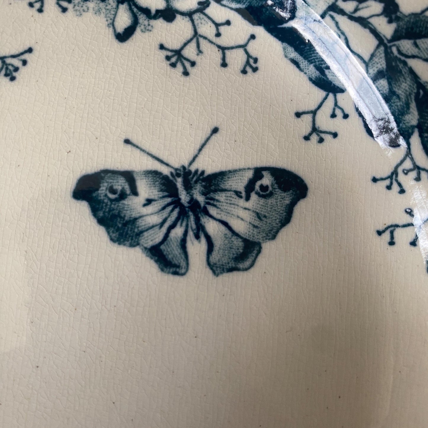 Antique Butterflies & Floral Dinner Service: French Blue Transferware, 10-Place Setting