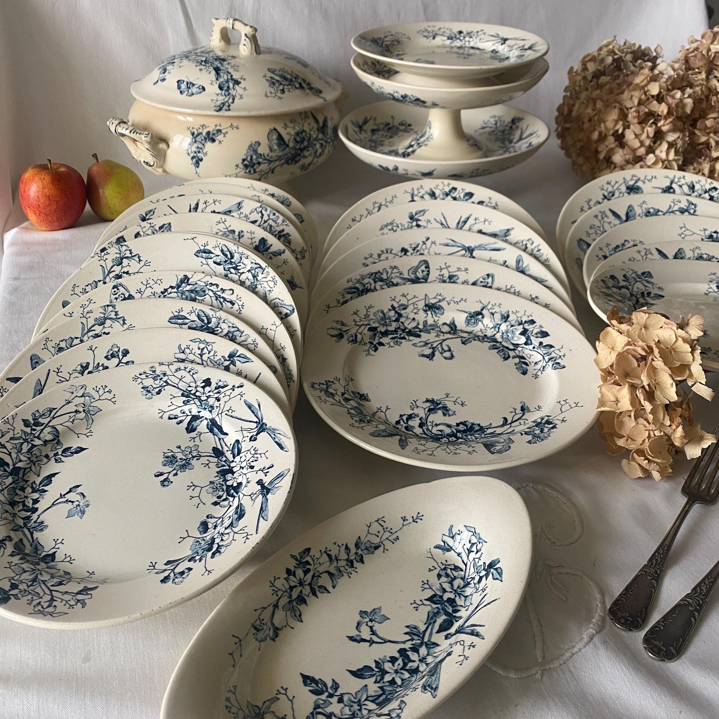 Antique Butterflies & Floral Dinner Service: French Blue Transferware, 10-Place Setting