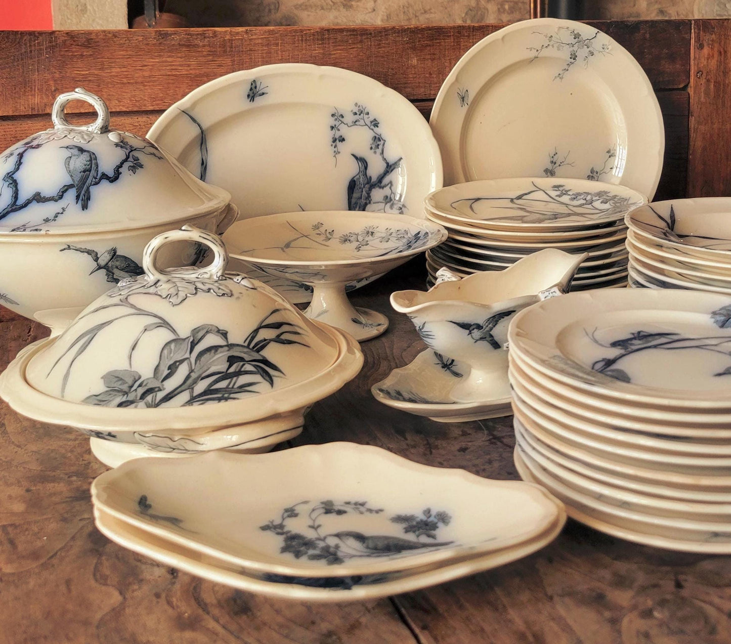 French antique 10 place ironstone dinner service, bird & floral transferware 'Japonais' c1880 Longwy, France