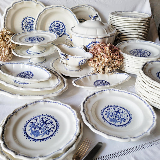 Gien France 'Rouen Bleu' Dinner Service: 12-24 Place Set / 59pc Blue & White French Transferware