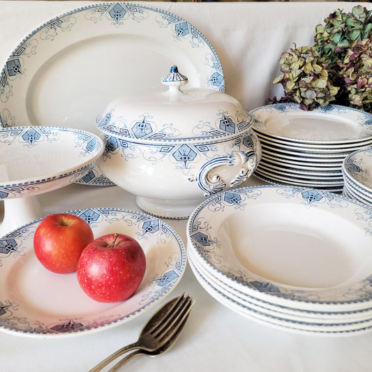 Antique Sarreguemines 'Germaine' Dinner Service, Art Nouveau Blue White Terre de Fer, 34 pc