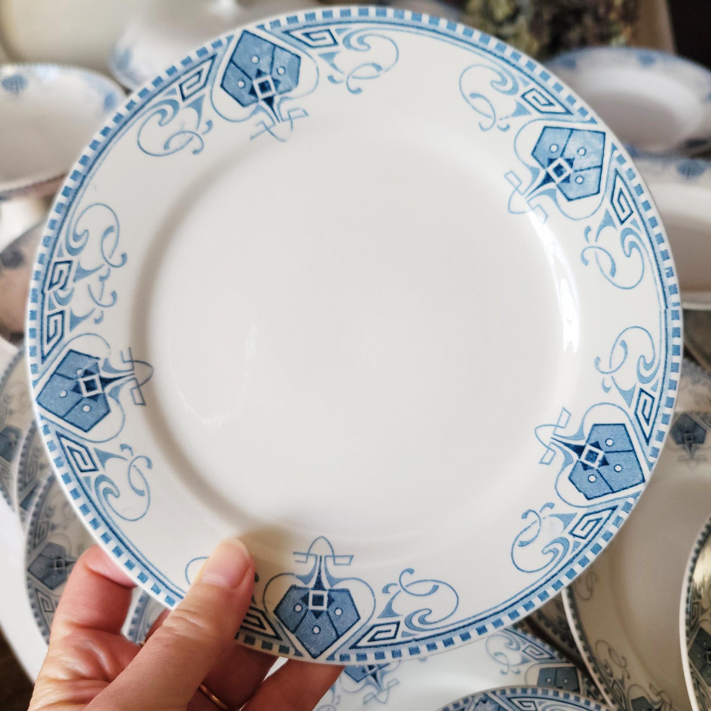 Antique Sarreguemines 'Germaine' Dinner Service, Art Nouveau Blue White Terre de Fer, 34 pc