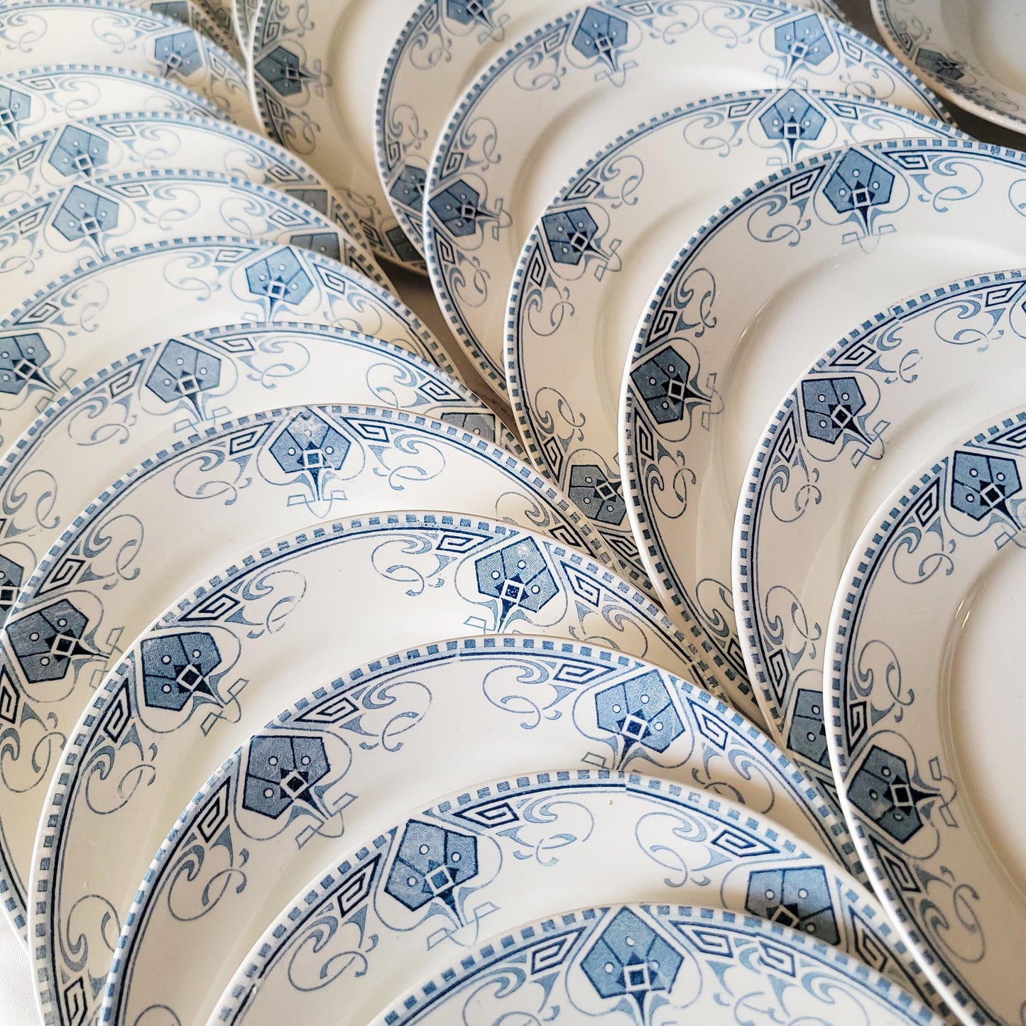 Antique Sarreguemines 'Germaine' Dinner Service, Art Nouveau Blue White Terre de Fer, 34 pc