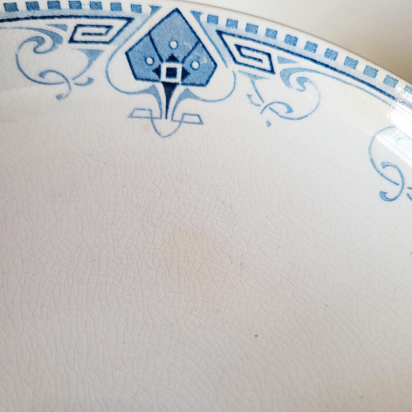 Antique Sarreguemines 'Germaine' Dinner Service, Art Nouveau Blue White Terre de Fer, 34 pc