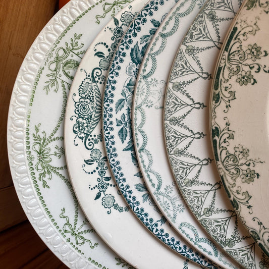 Set 6 mismatched antique soup plates green palette, farmhouse cottage decor France, from Givors, St Amand, Sarreguemines