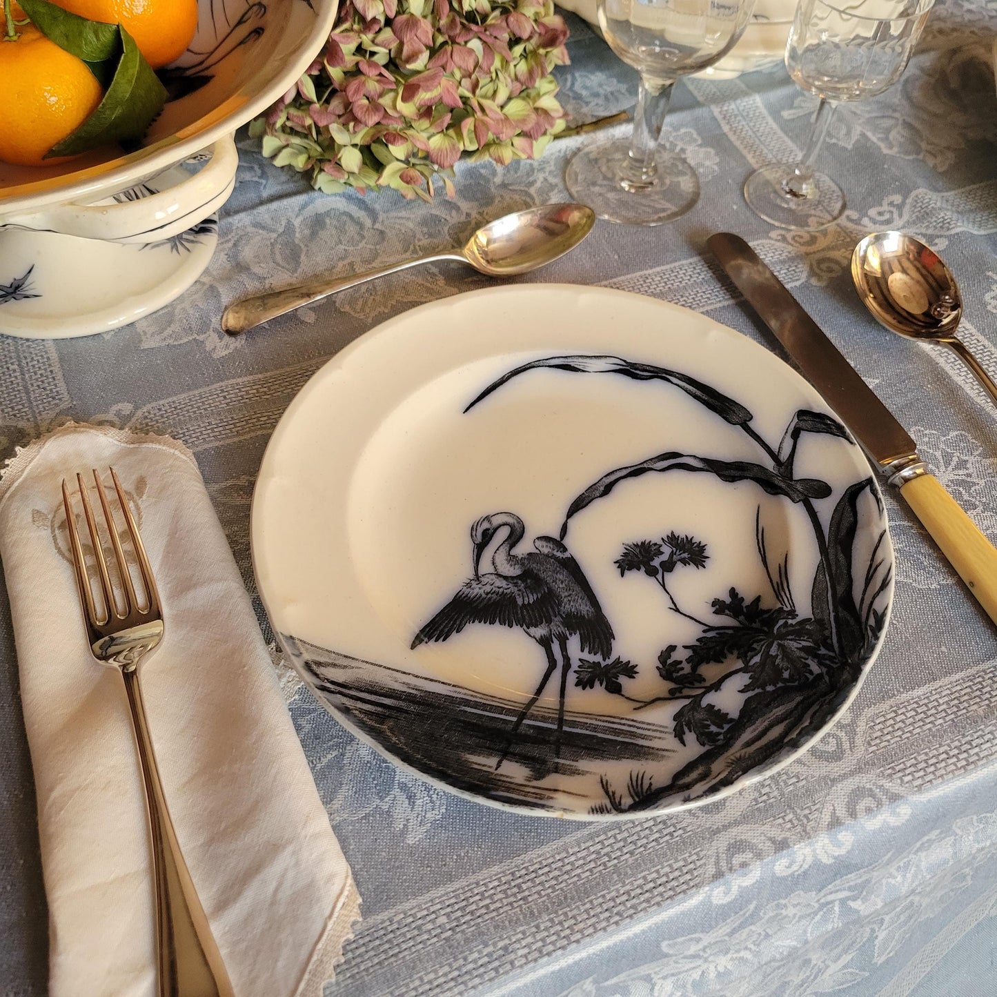 French antique 10 place ironstone dinner service, bird & floral transferware 'Japonais' c1880 Longwy, France