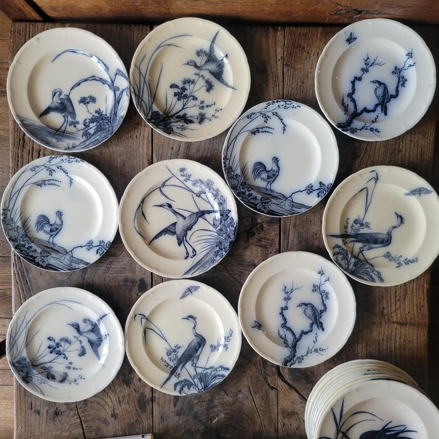 French antique 10 place ironstone dinner service, bird & floral transferware 'Japonais' c1880 Longwy, France