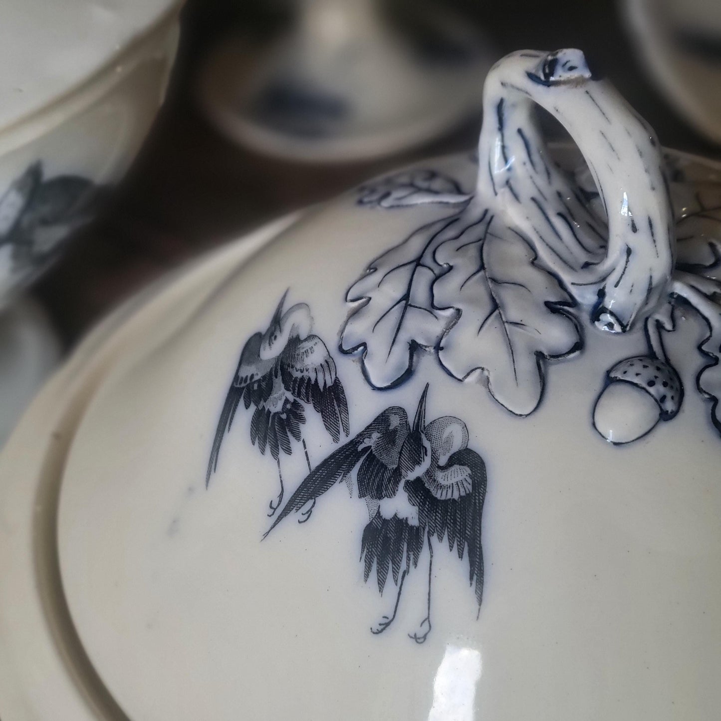 French antique 10 place ironstone dinner service, bird & floral transferware 'Japonais' c1880 Longwy, France