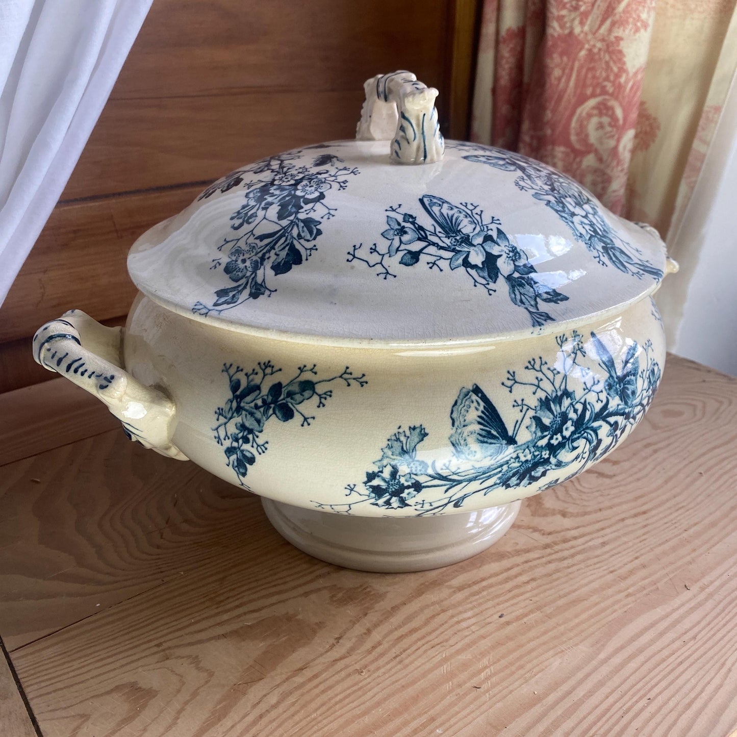 Antique Butterflies & Floral Dinner Service: French Blue Transferware, 10-Place Setting