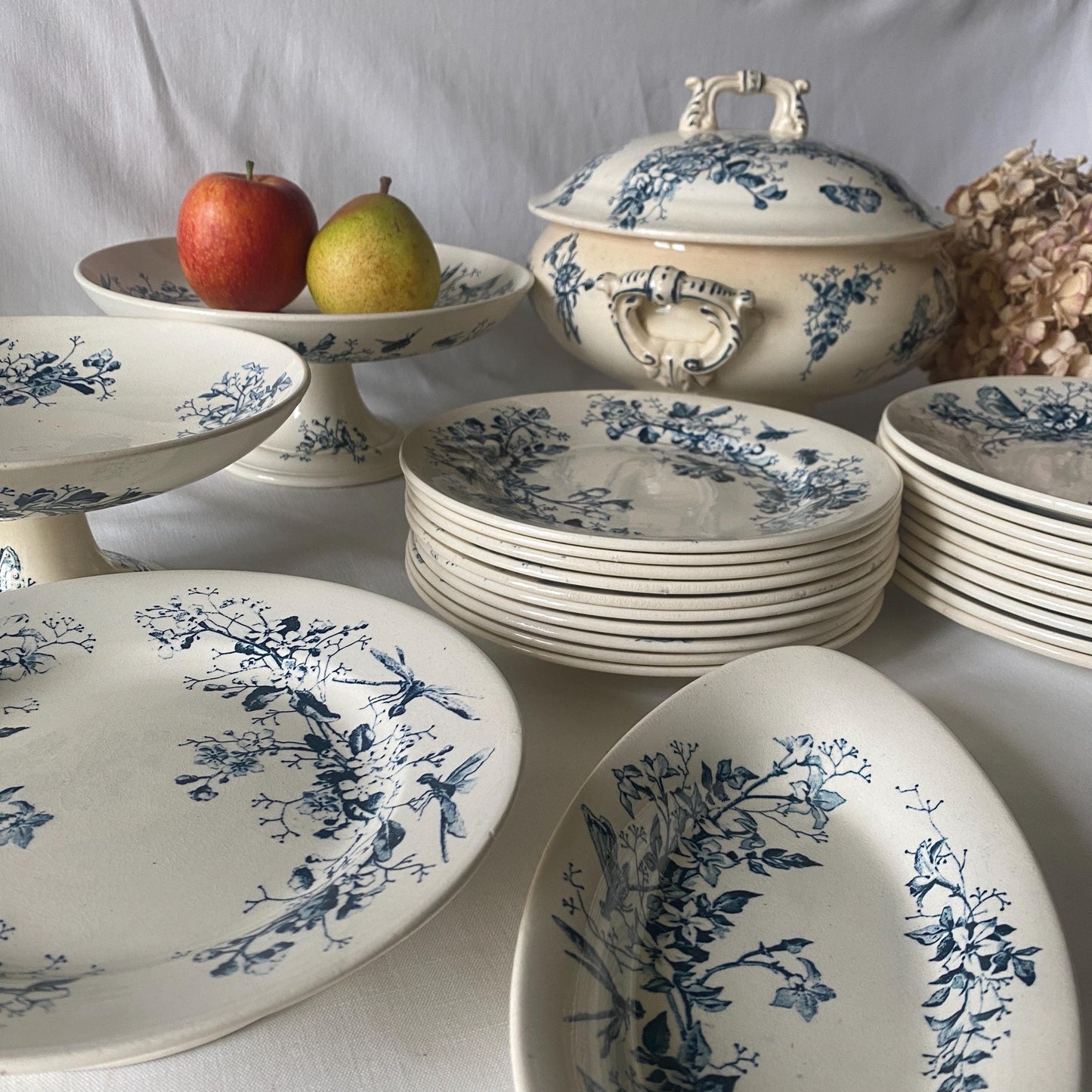 Antique Butterflies & Floral Dinner Service: French Blue Transferware, 10-Place Setting