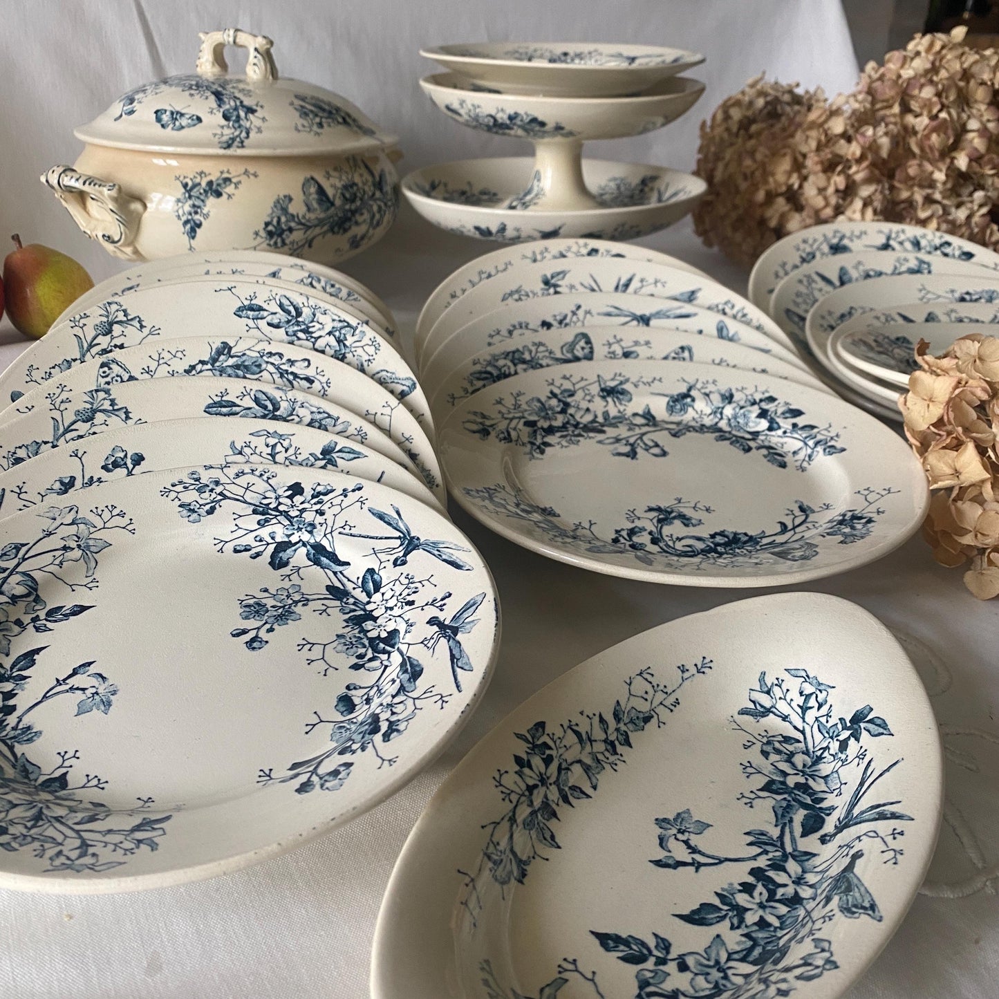Antique Butterflies & Floral Dinner Service: French Blue Transferware, 10-Place Setting