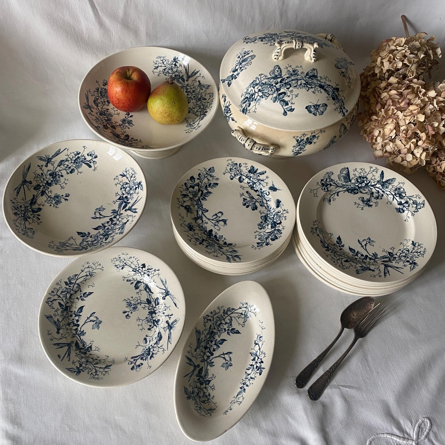 Antique Butterflies & Floral Dinner Service: French Blue Transferware, 10-Place Setting