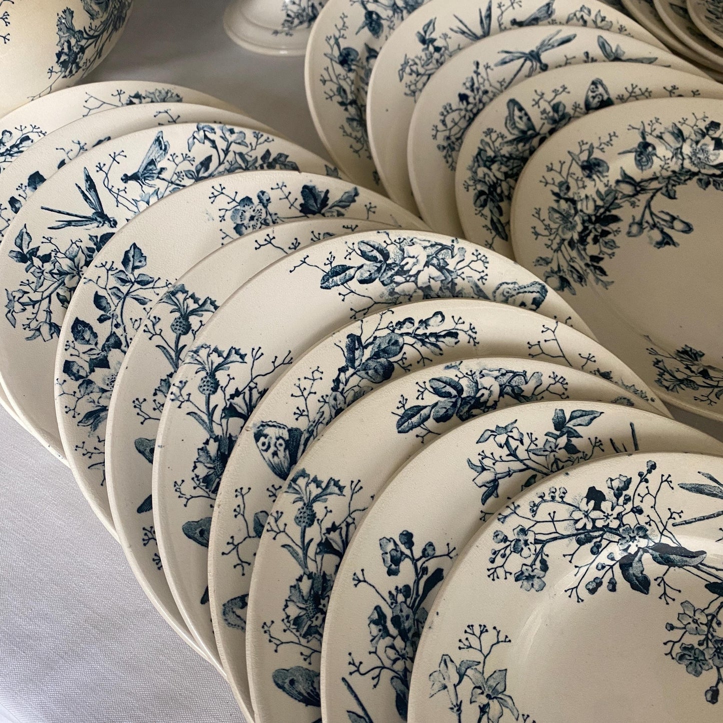 Antique Butterflies & Floral Dinner Service: French Blue Transferware, 10-Place Setting