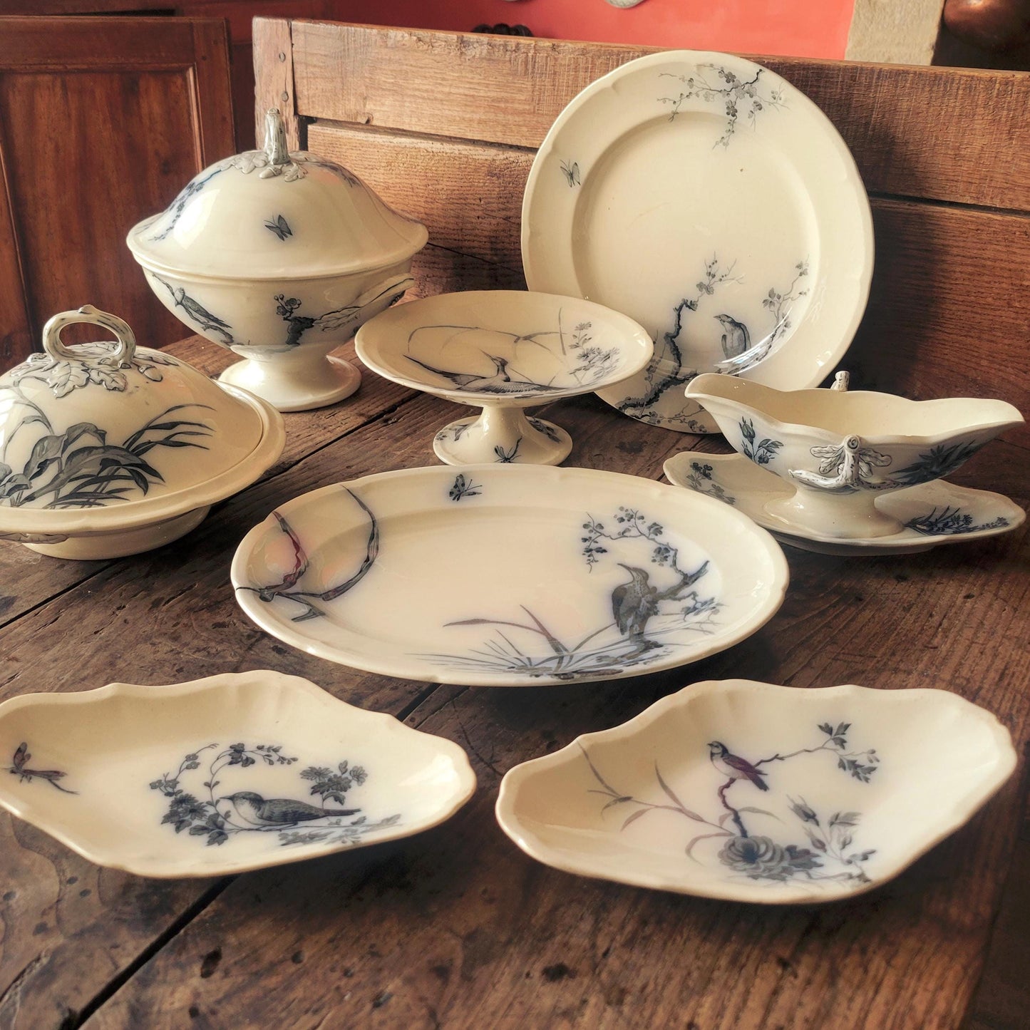 French antique 10 place ironstone dinner service, bird & floral transferware 'Japonais' c1880 Longwy, France
