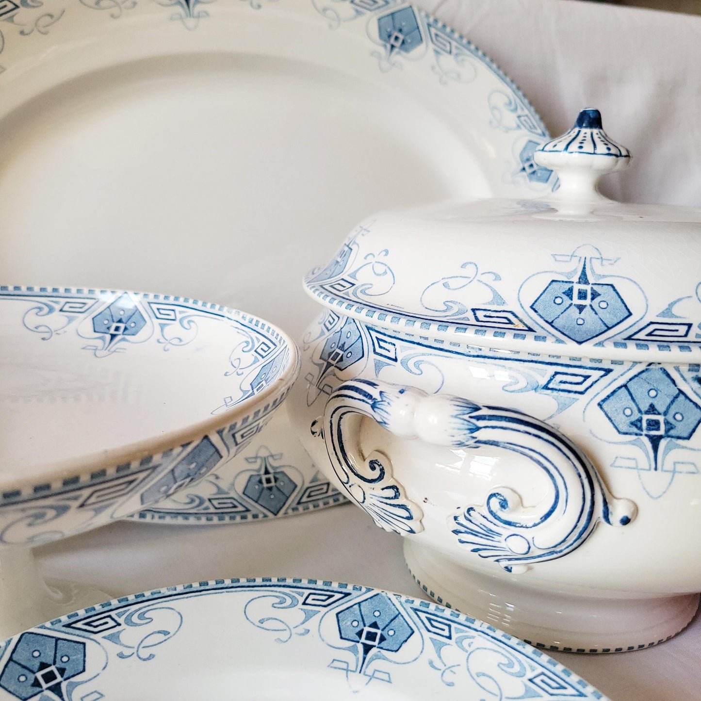 Antique Sarreguemines 'Germaine' Dinner Service, Art Nouveau Blue White Terre de Fer, 34 pc