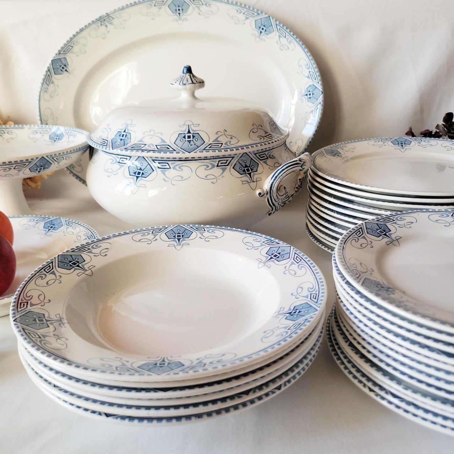 Antique Sarreguemines 'Germaine' Dinner Service, Art Nouveau Blue White Terre de Fer, 34 pc