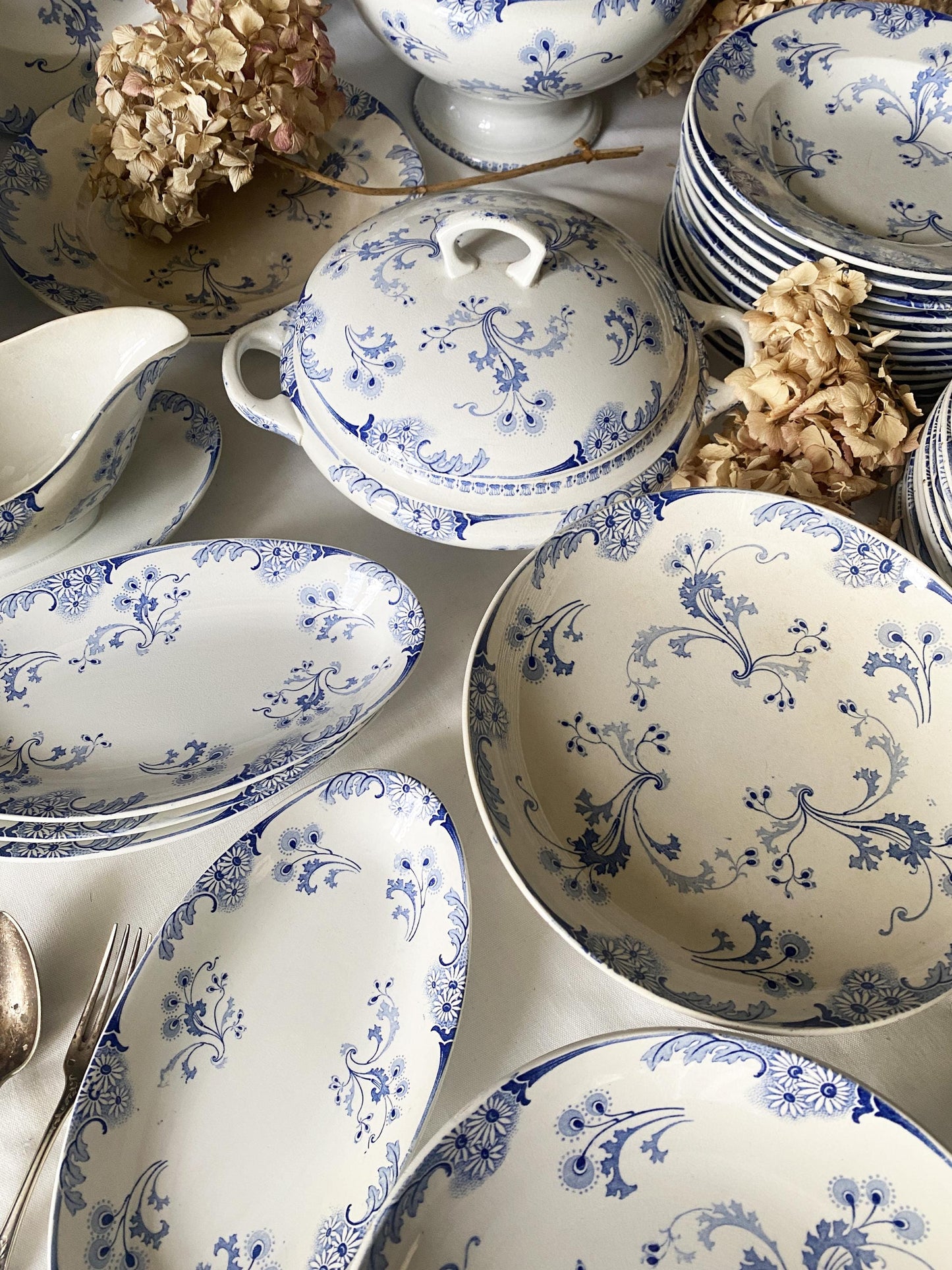 Antique Dinner Service, Luneville France 24/12-Place Dinner Service, 'Marie-Louise' Pattern, 51pc Blue Transferware