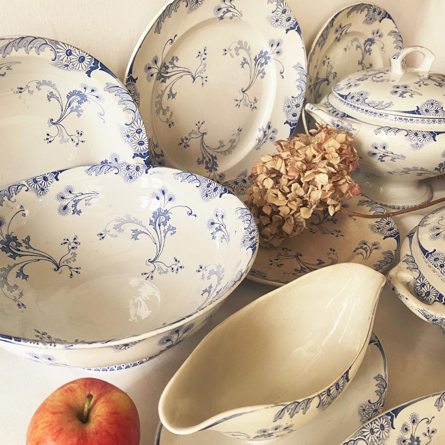 Antique Dinner Service, Luneville France 24/12-Place Dinner Service, 'Marie-Louise' Pattern, 51pc Blue Transferware