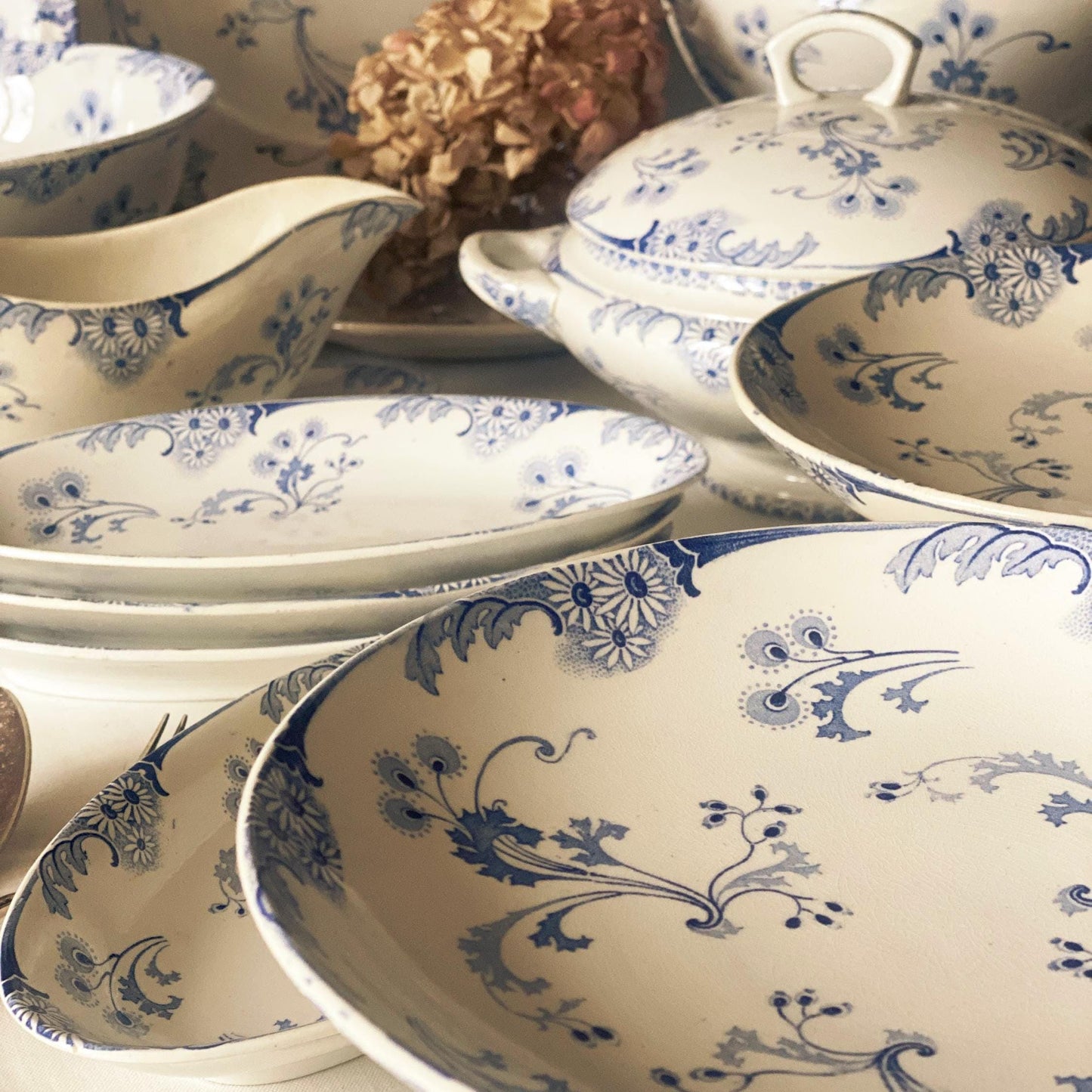 Antique Dinner Service, Luneville France 24/12-Place Dinner Service, 'Marie-Louise' Pattern, 51pc Blue Transferware
