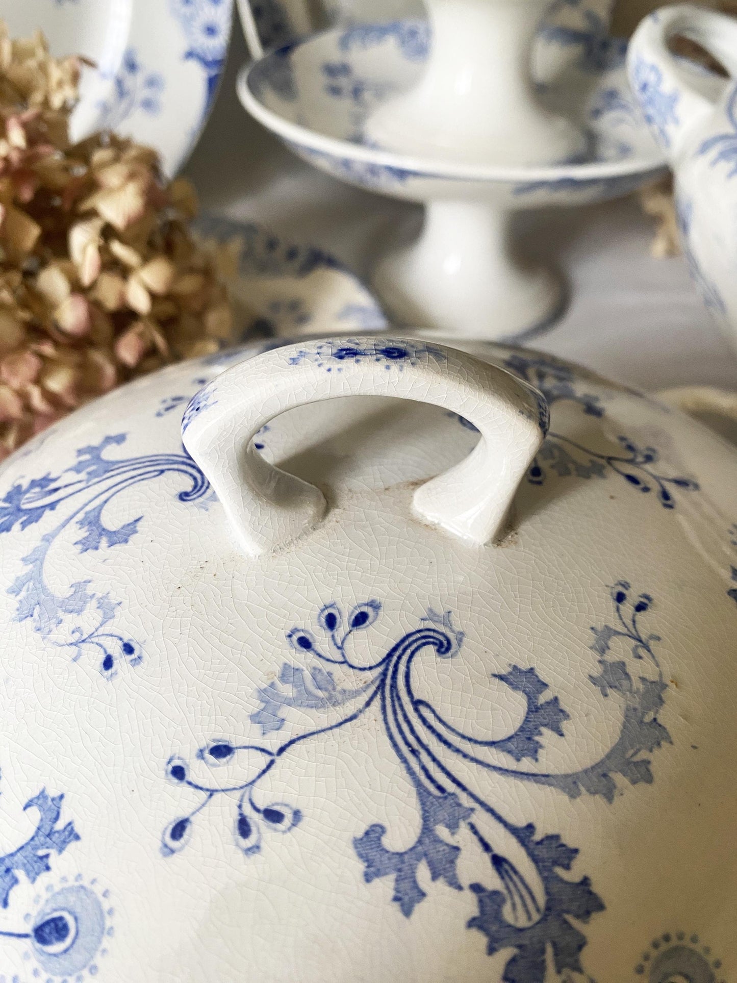 Antique Dinner Service, Luneville France 24/12-Place Dinner Service, 'Marie-Louise' Pattern, 51pc Blue Transferware