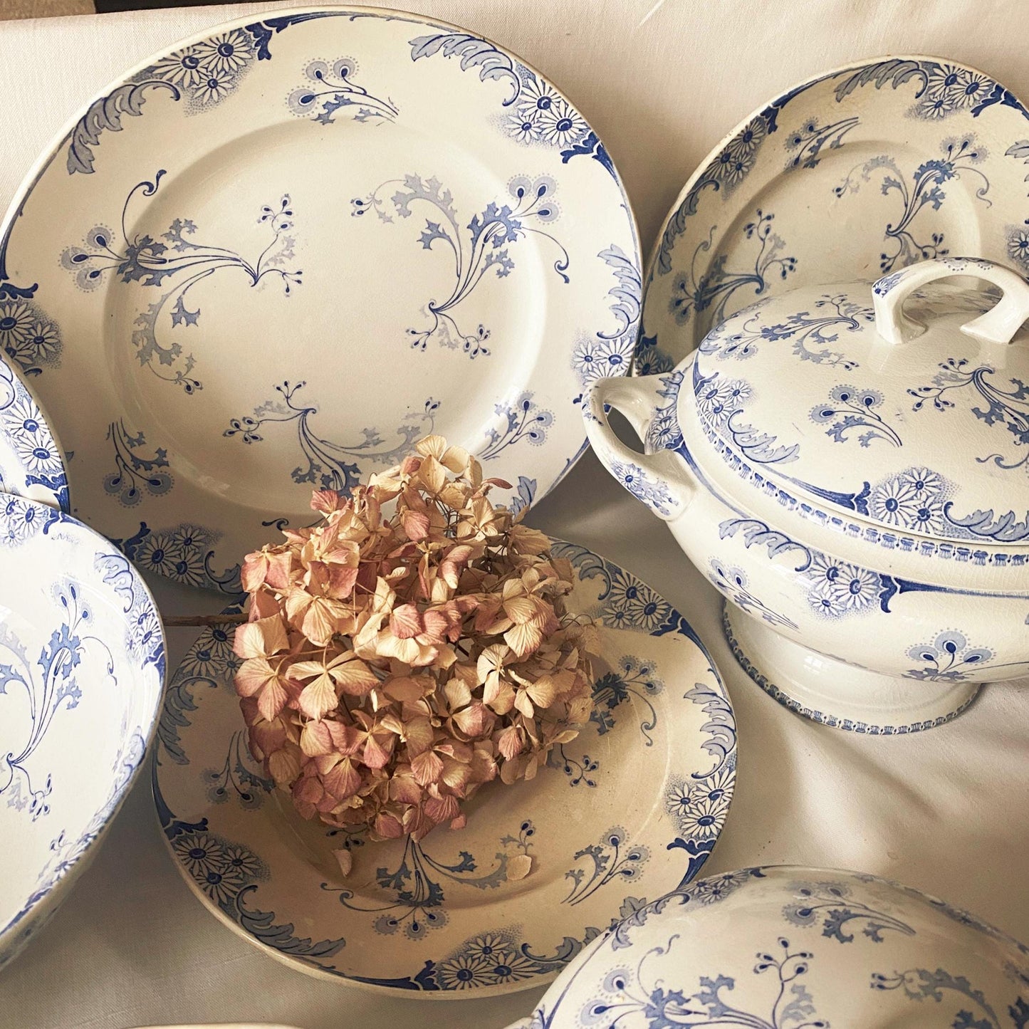 Antique Dinner Service, Luneville France 24/12-Place Dinner Service, 'Marie-Louise' Pattern, 51pc Blue Transferware