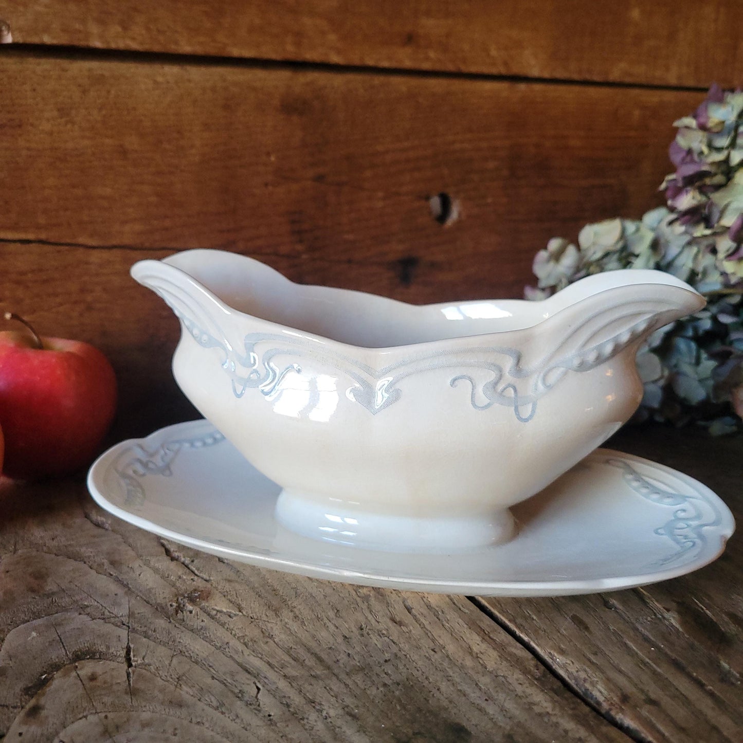 French antique Art Nouveau sauce dish, soft blue + white earthenware c1910 U&C Sarreguemines, France