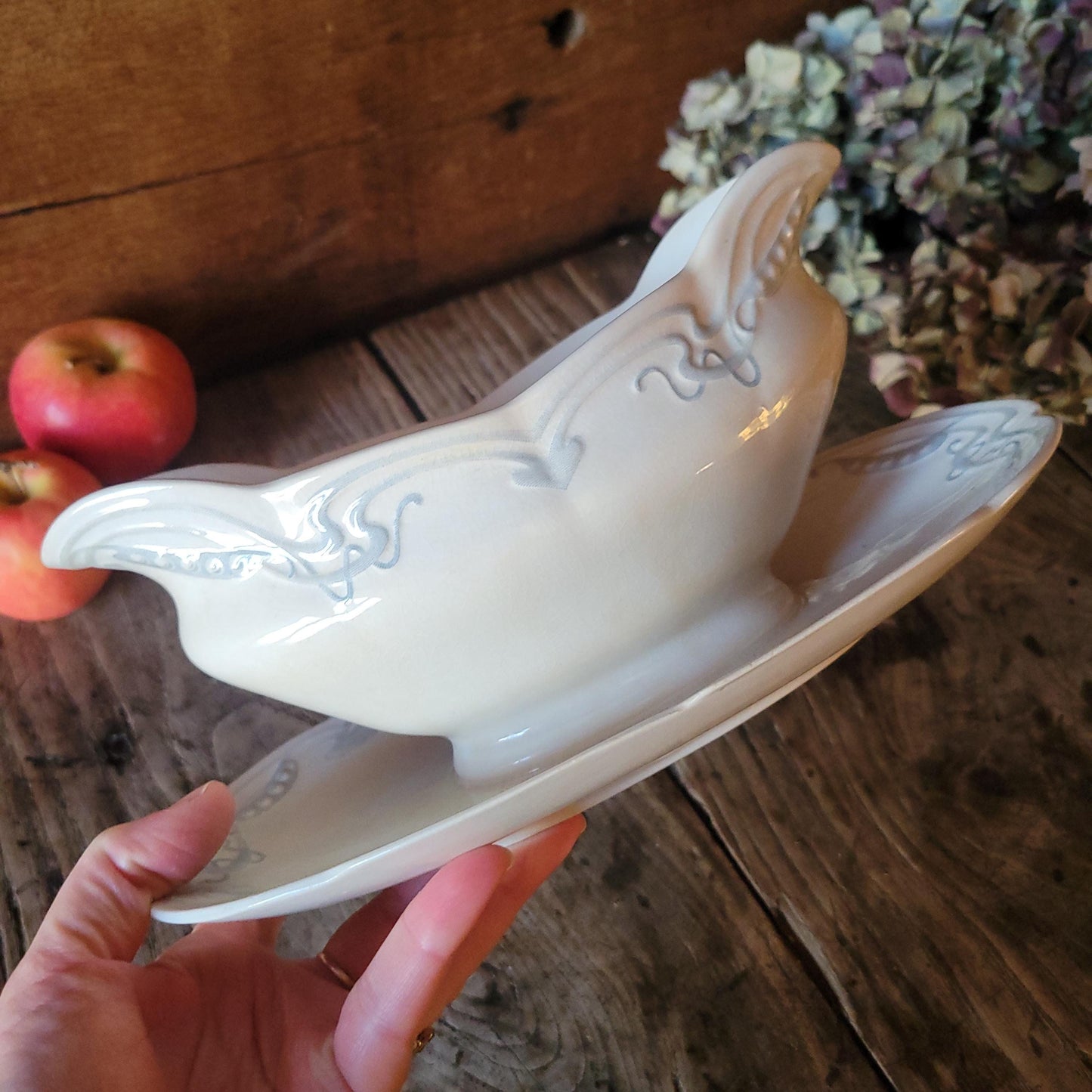 French antique Art Nouveau sauce dish, soft blue + white earthenware c1910 U&C Sarreguemines, France