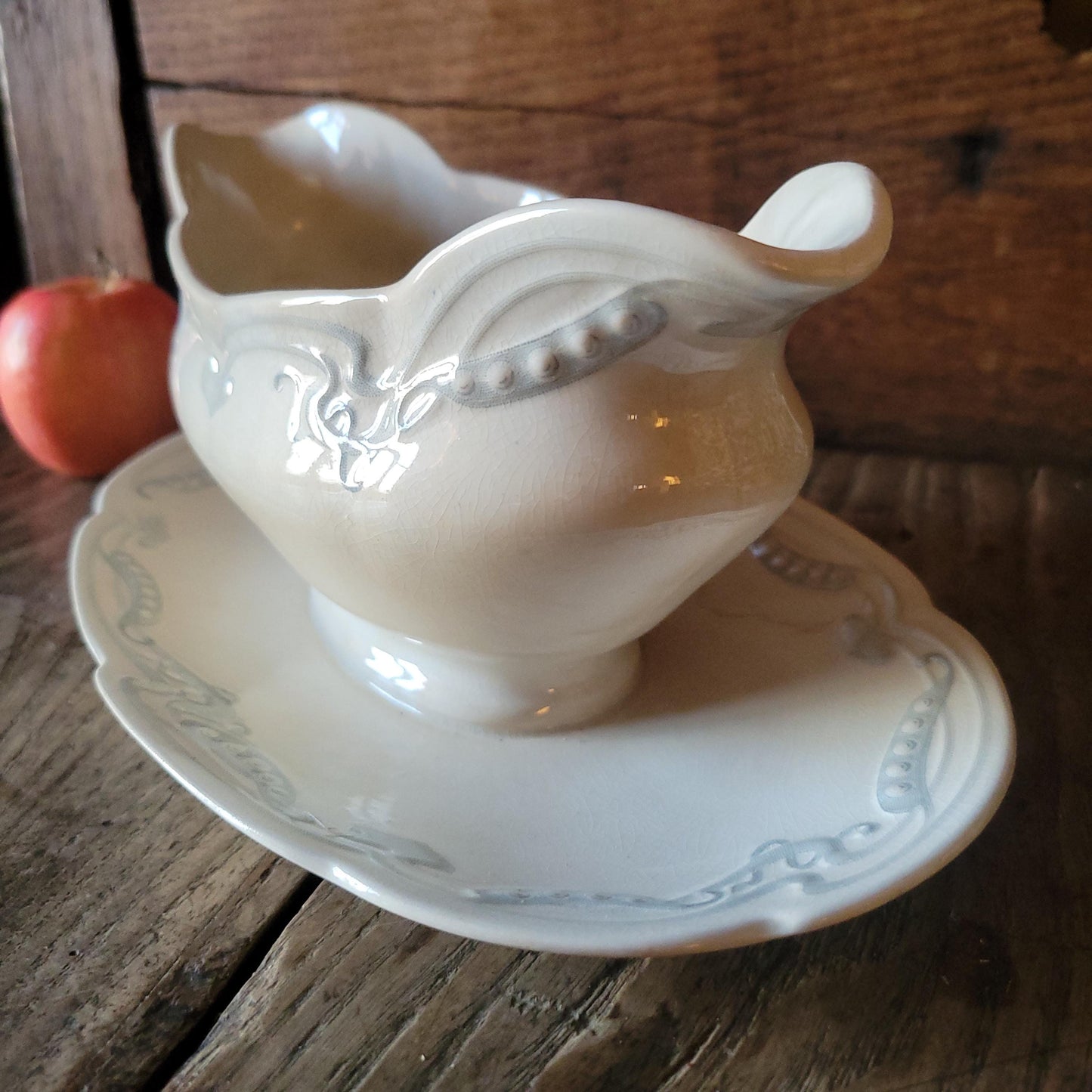 French antique Art Nouveau sauce dish, soft blue + white earthenware c1910 U&C Sarreguemines, France